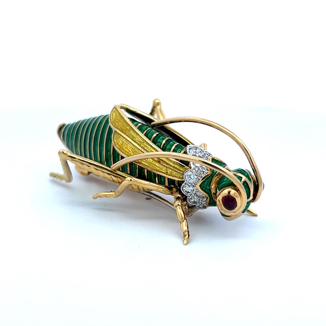 18K YG Platinum Grasshopper Pin Brooch with 1ct Round Diamonds and 0.25ct Rubies