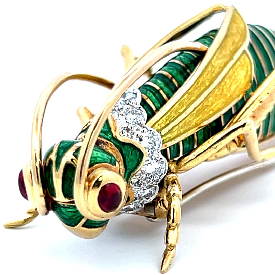 18K YG Platinum Grasshopper Pin Brooch with 1ct Round Diamonds and 0.25ct Rubies
