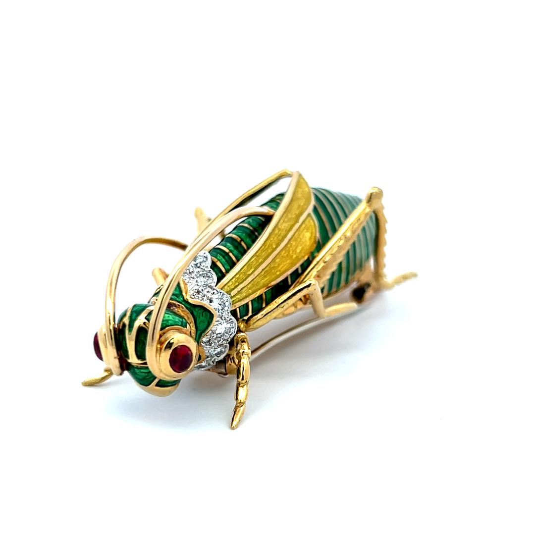 18K YG Platinum Grasshopper Pin Brooch with 1ct Round Diamonds and 0.25ct Rubies