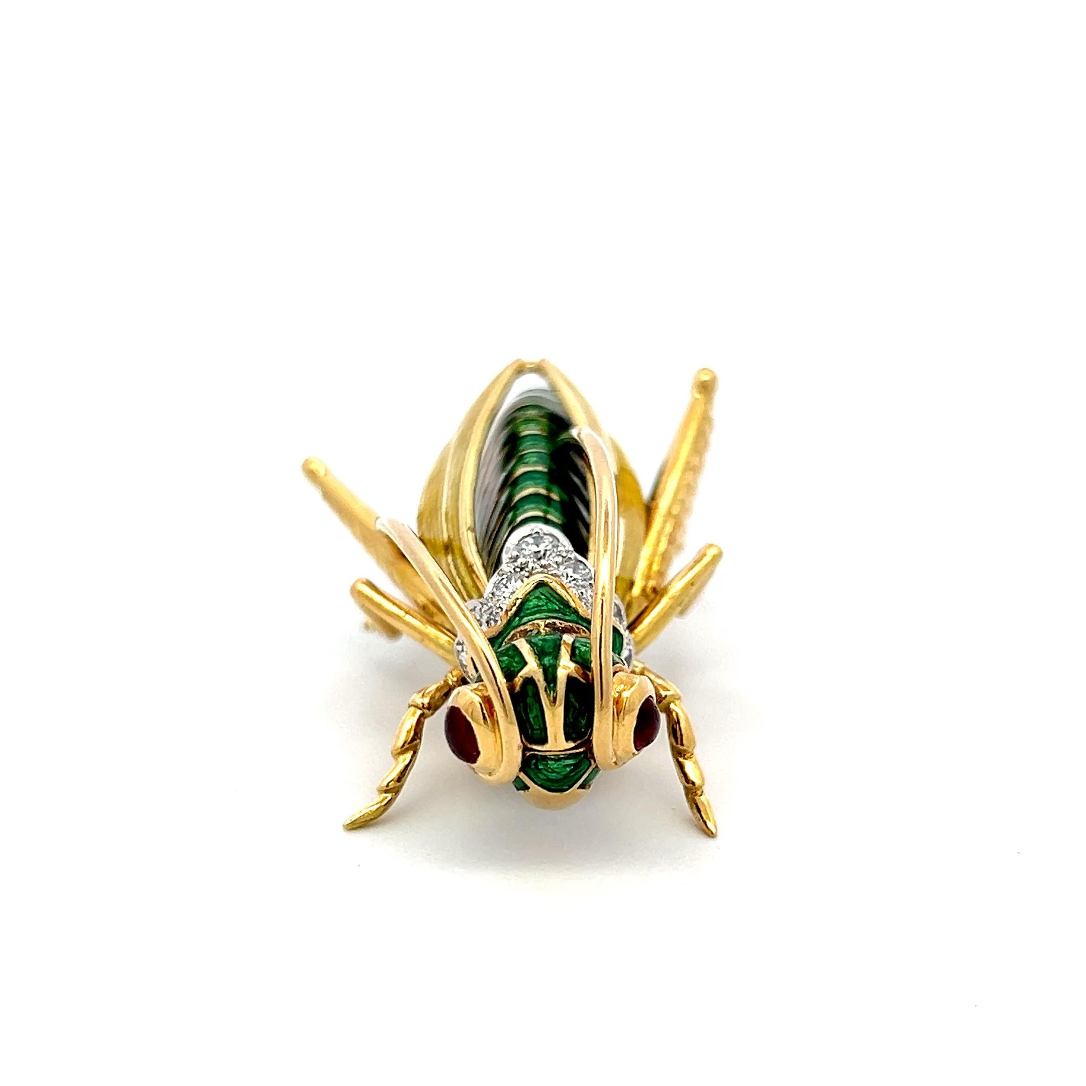 18K YG Platinum Grasshopper Pin Brooch with 1ct Round Diamonds and 0.25ct Rubies