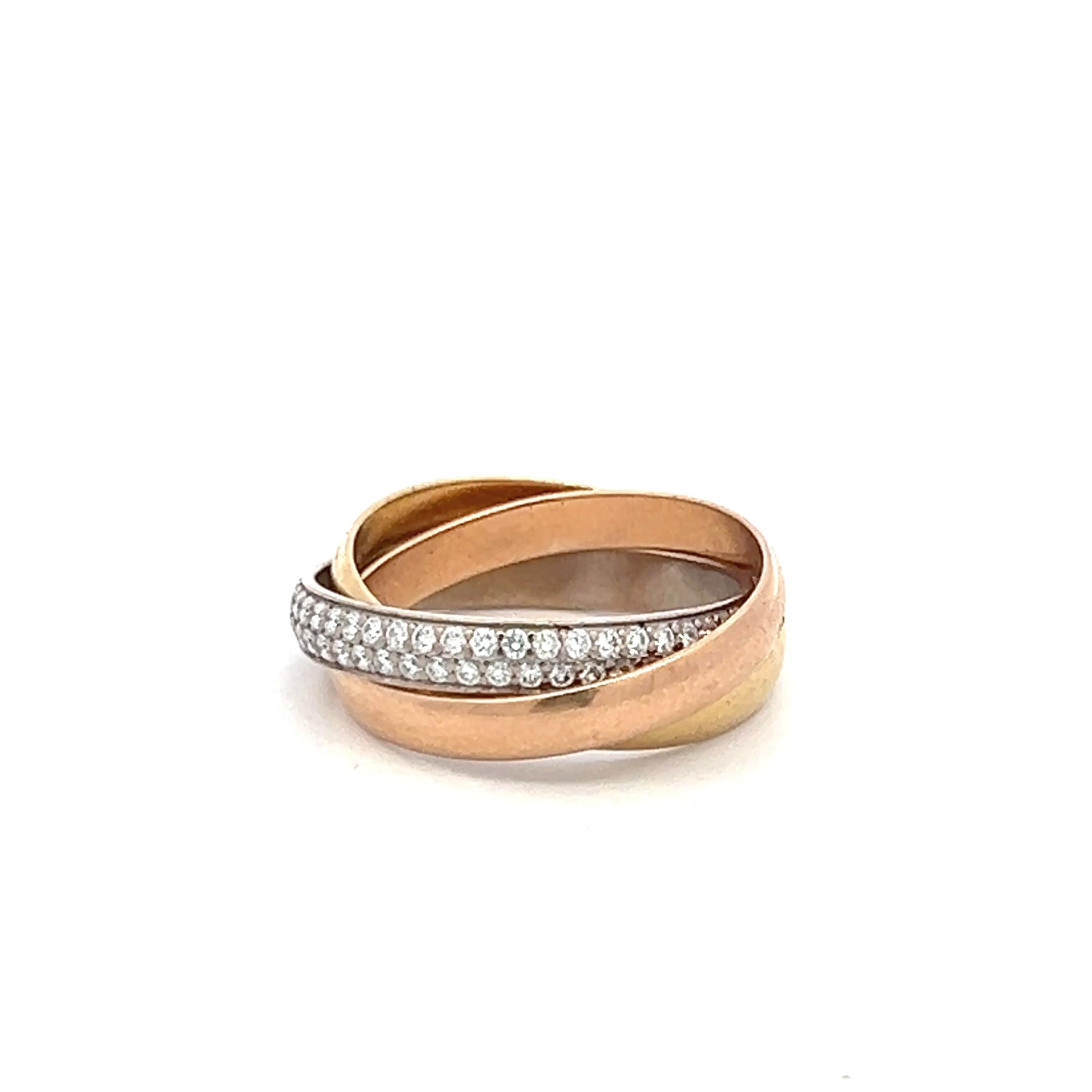 Cartier 18K Tri Color Gold Trinity Ring with 0.46 Carat Round Diamonds Size 4.5