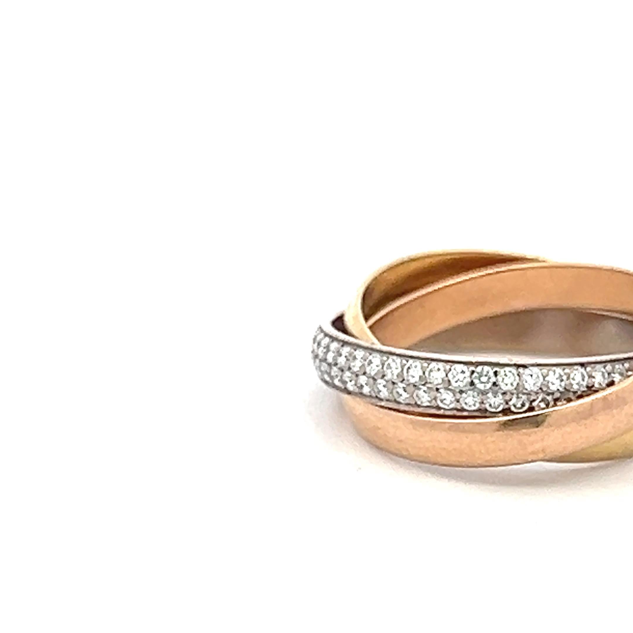 Cartier 18K Tri Color Gold Trinity Ring with 0.46 Carat Round Diamonds Size 4.5