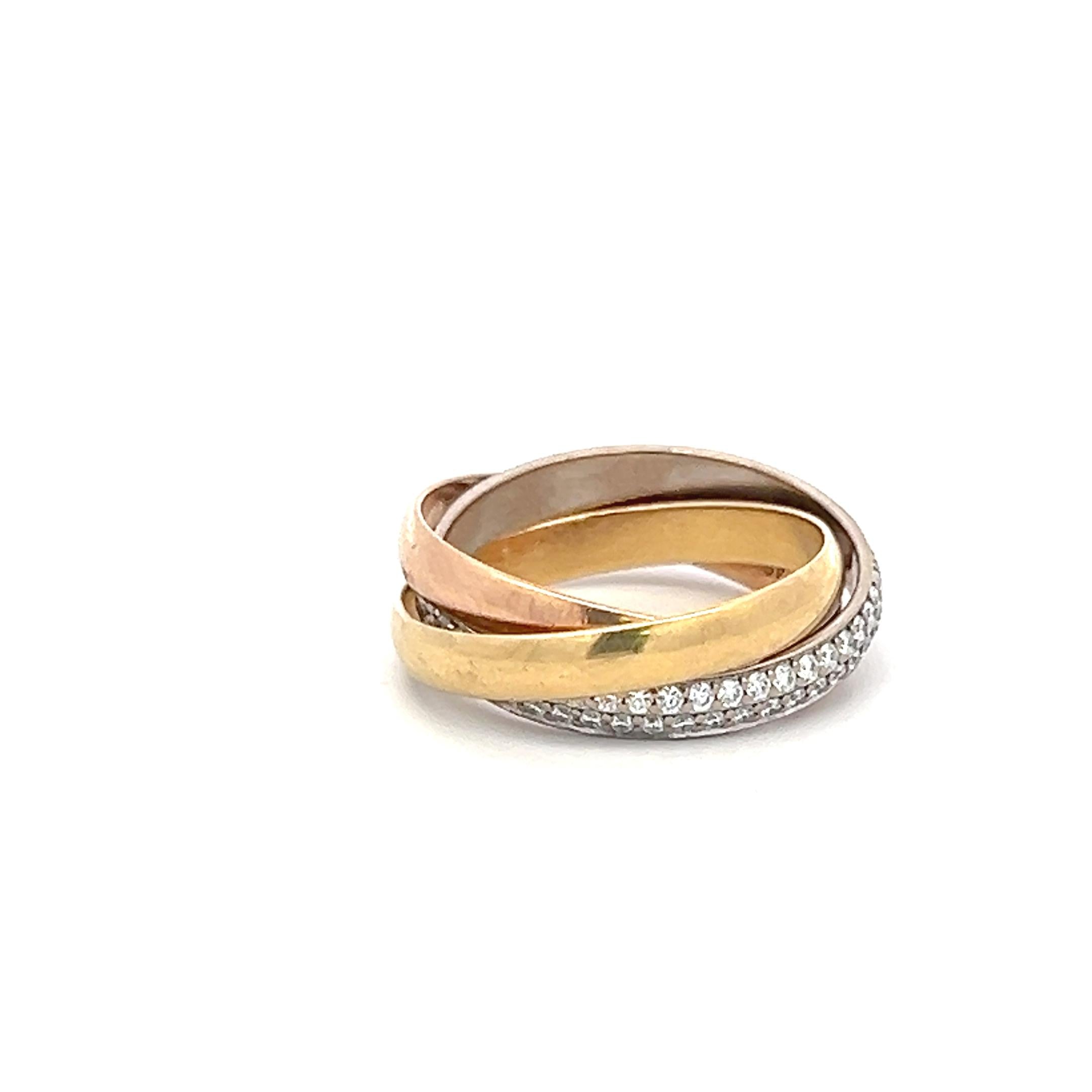 Cartier 18K Tri Color Gold Trinity Ring with 0.46 Carat Round Diamonds Size 4.5