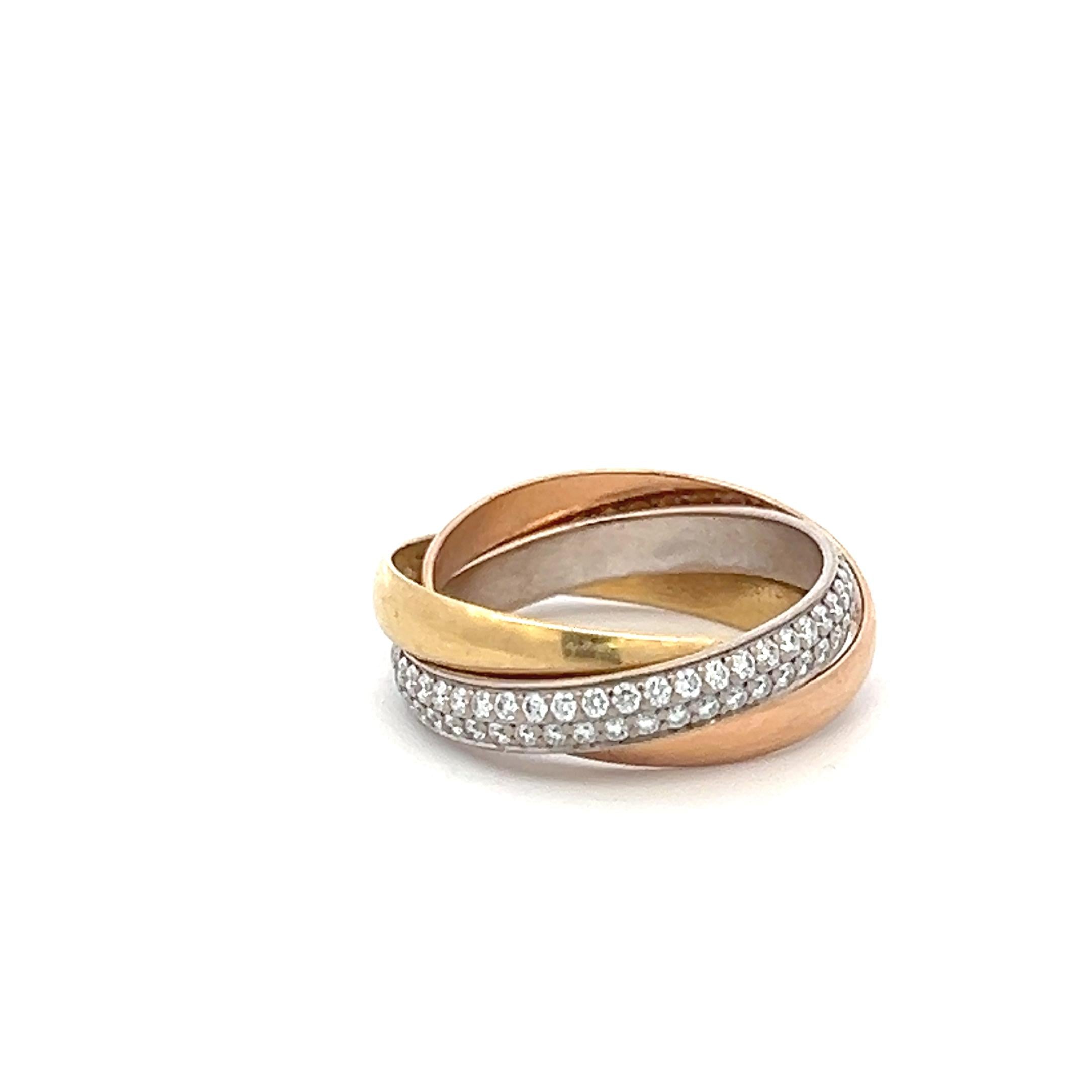 Cartier 18K Tri Color Gold Trinity Ring with 0.46 Carat Round Diamonds Size 4.5