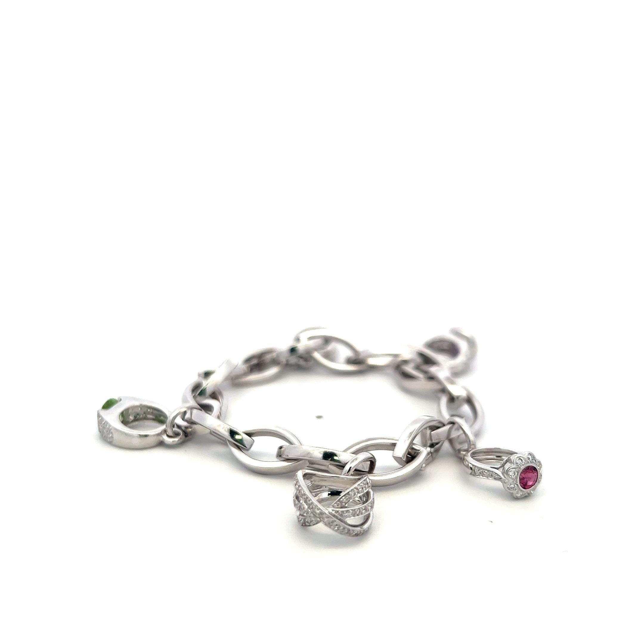 18K WG Charm Bracelet with 0.75 Carat Round H SI Diamonds and Multi Gemstones