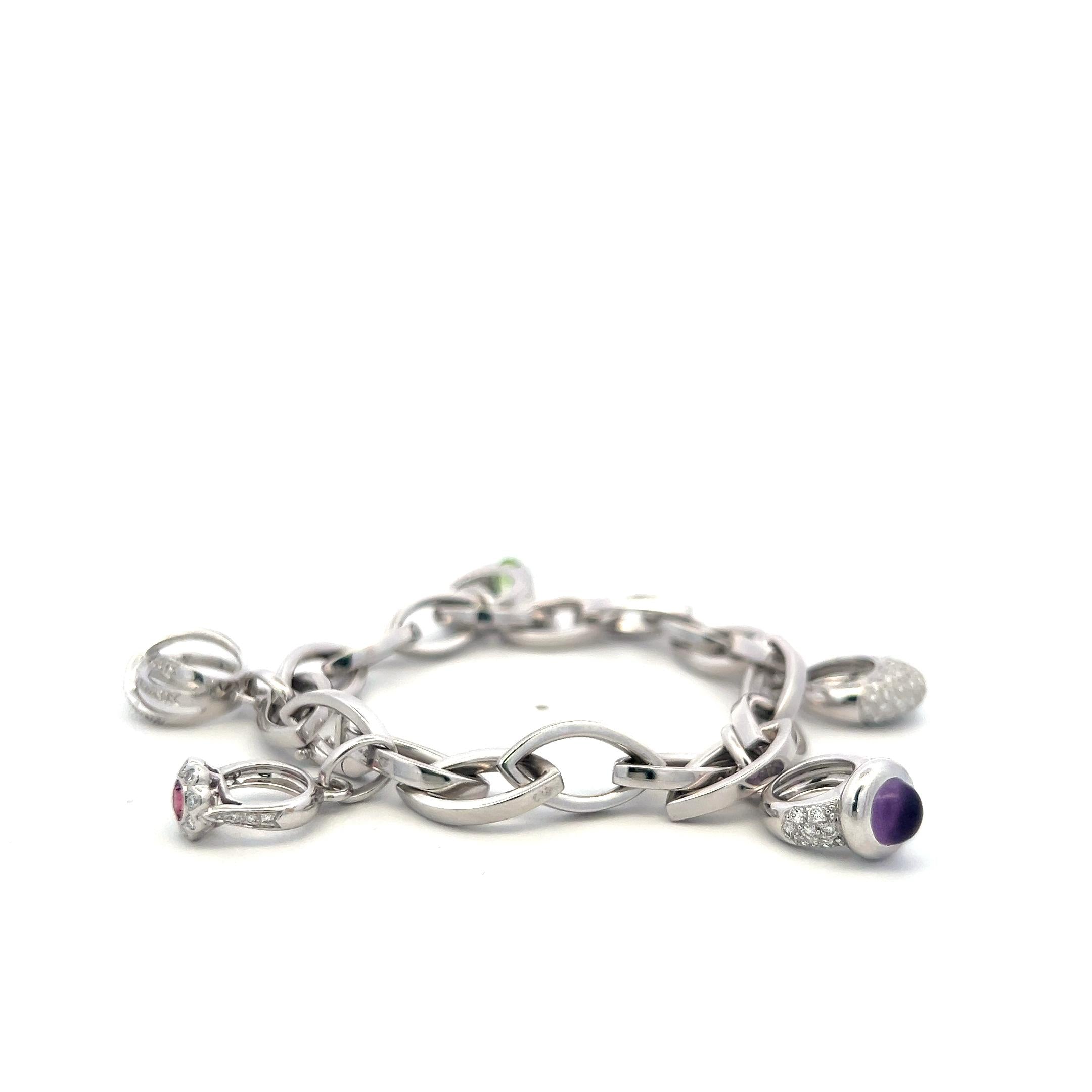 18K WG Charm Bracelet with 0.75 Carat Round H SI Diamonds and Multi Gemstones