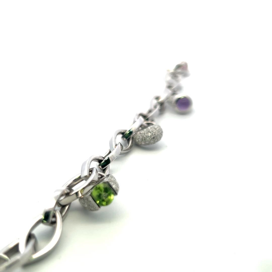 18K WG Charm Bracelet with 0.75 Carat Round H SI Diamonds and Multi Gemstones
