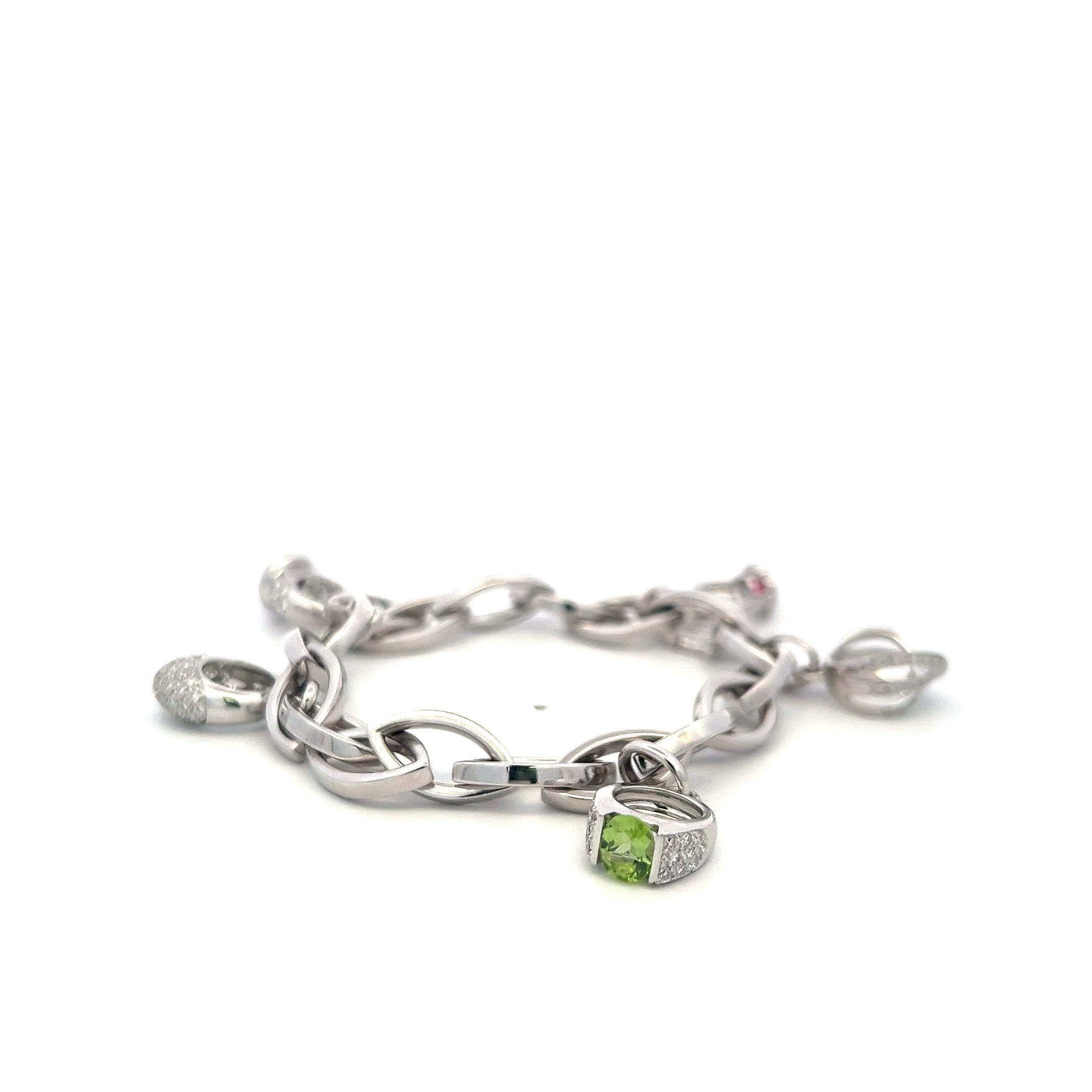 18K WG Charm Bracelet with 0.75 Carat Round H SI Diamonds and Multi Gemstones
