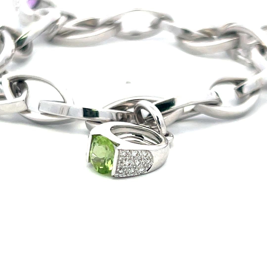 18K WG Charm Bracelet with 0.75 Carat Round H SI Diamonds and Multi Gemstones