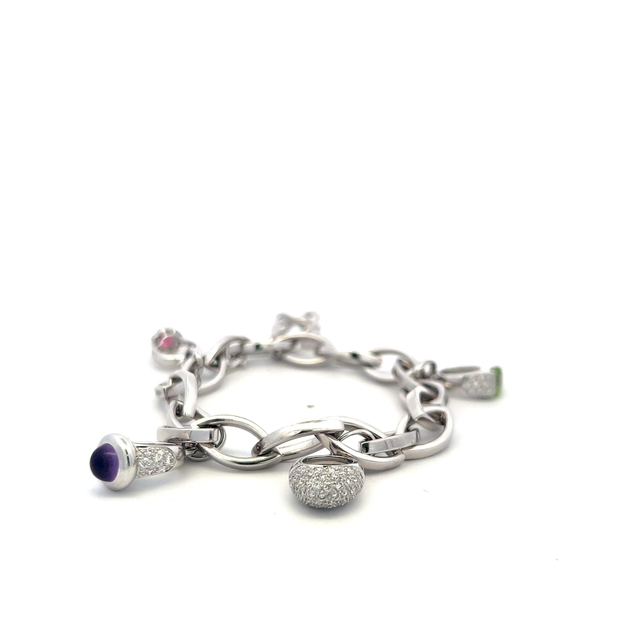 18K WG Charm Bracelet with 0.75 Carat Round H SI Diamonds and Multi Gemstones