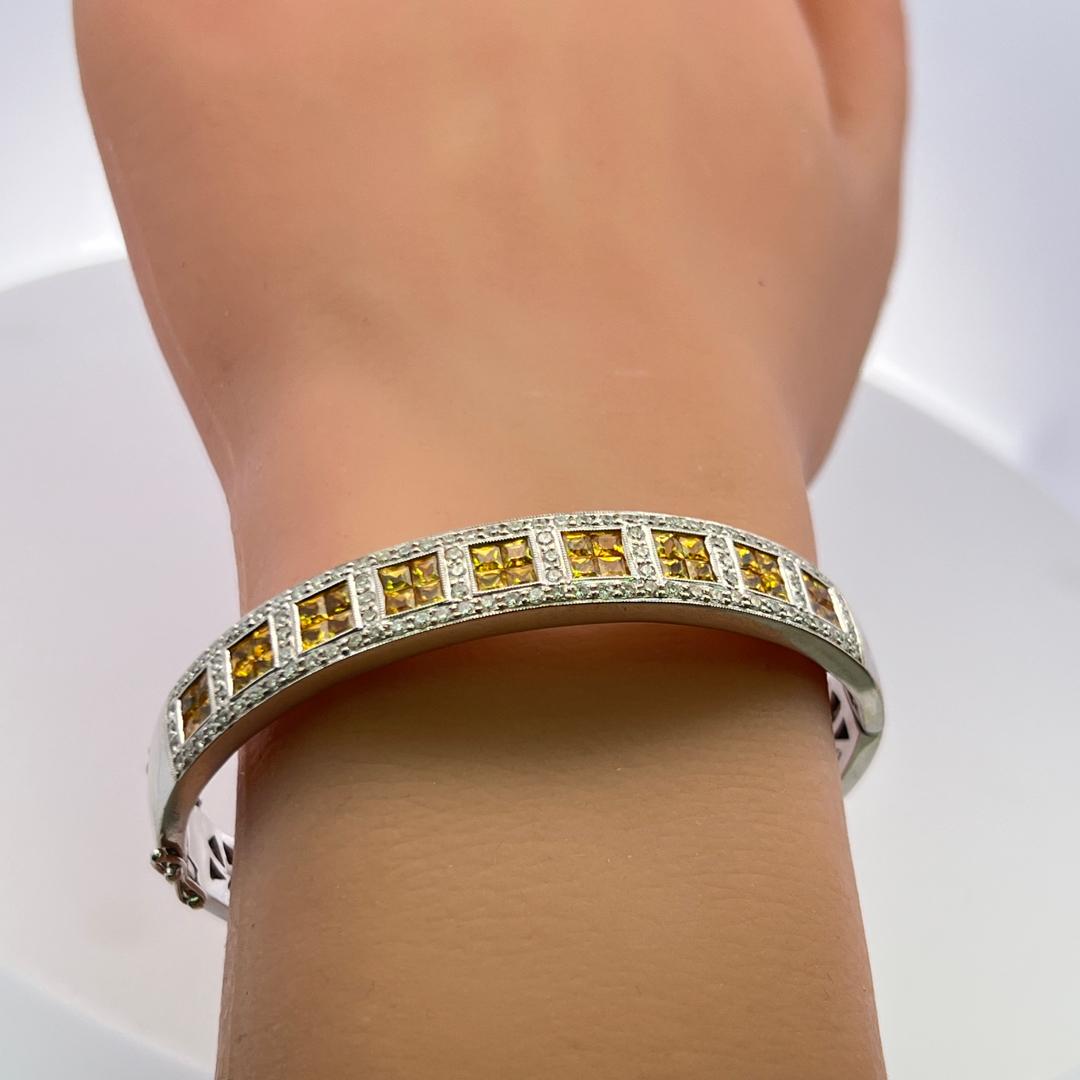 Citrine & Diamond 18K White Gold Bangle 3.60ct Princess Cut Vintage Estate