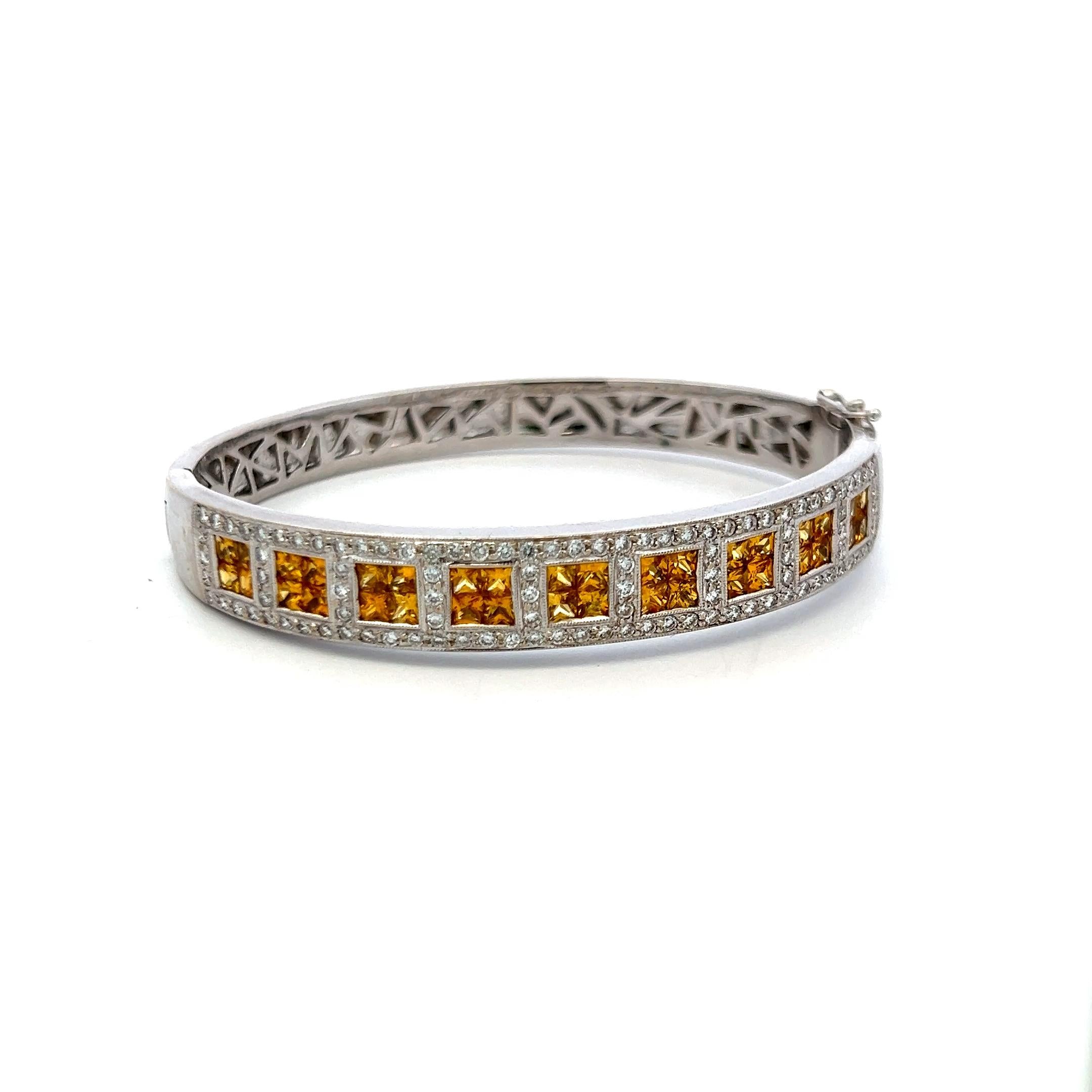 Citrine & Diamond 18K White Gold Bangle 3.60ct Princess Cut Vintage Estate