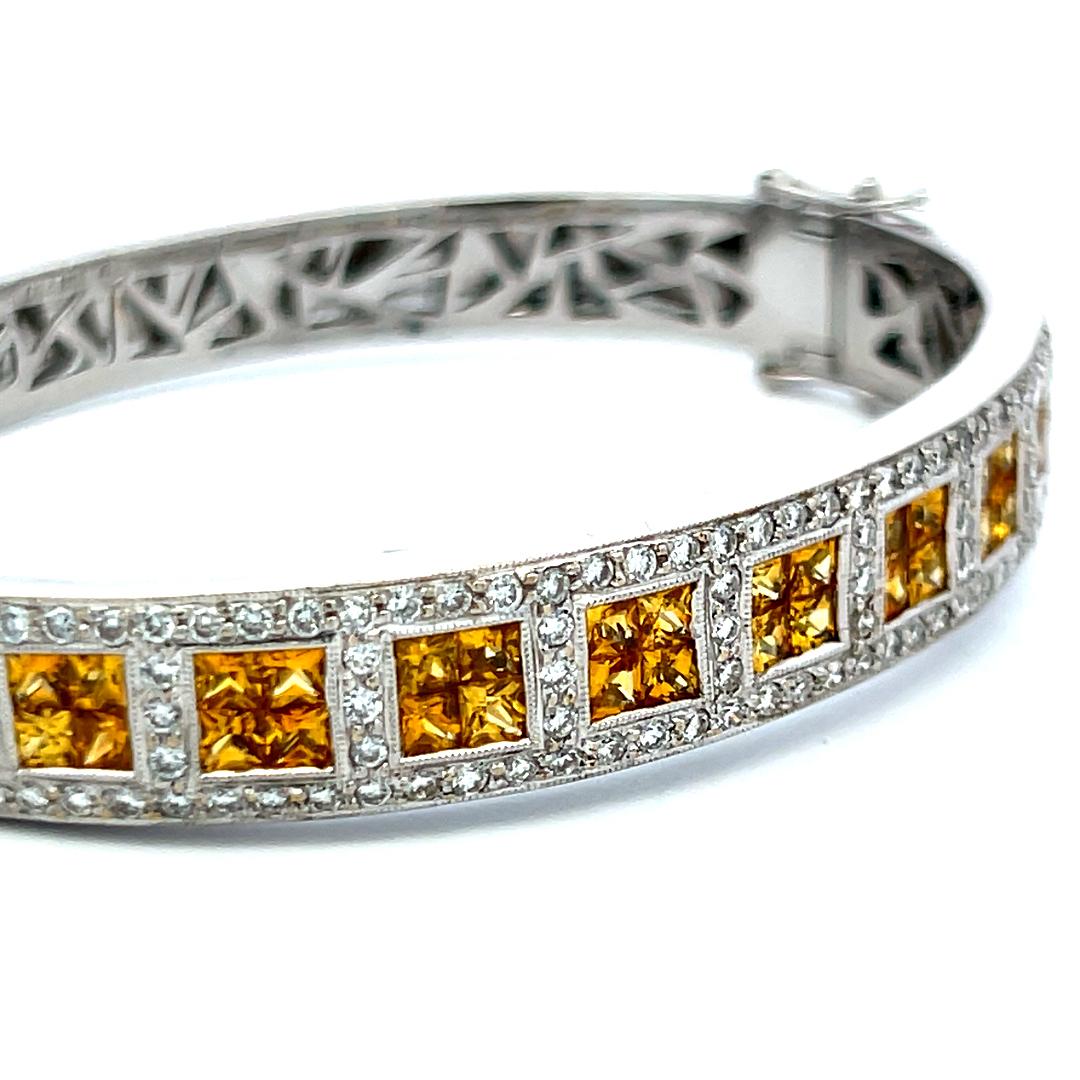 Citrine & Diamond 18K White Gold Bangle 3.60ct Princess Cut Vintage Estate