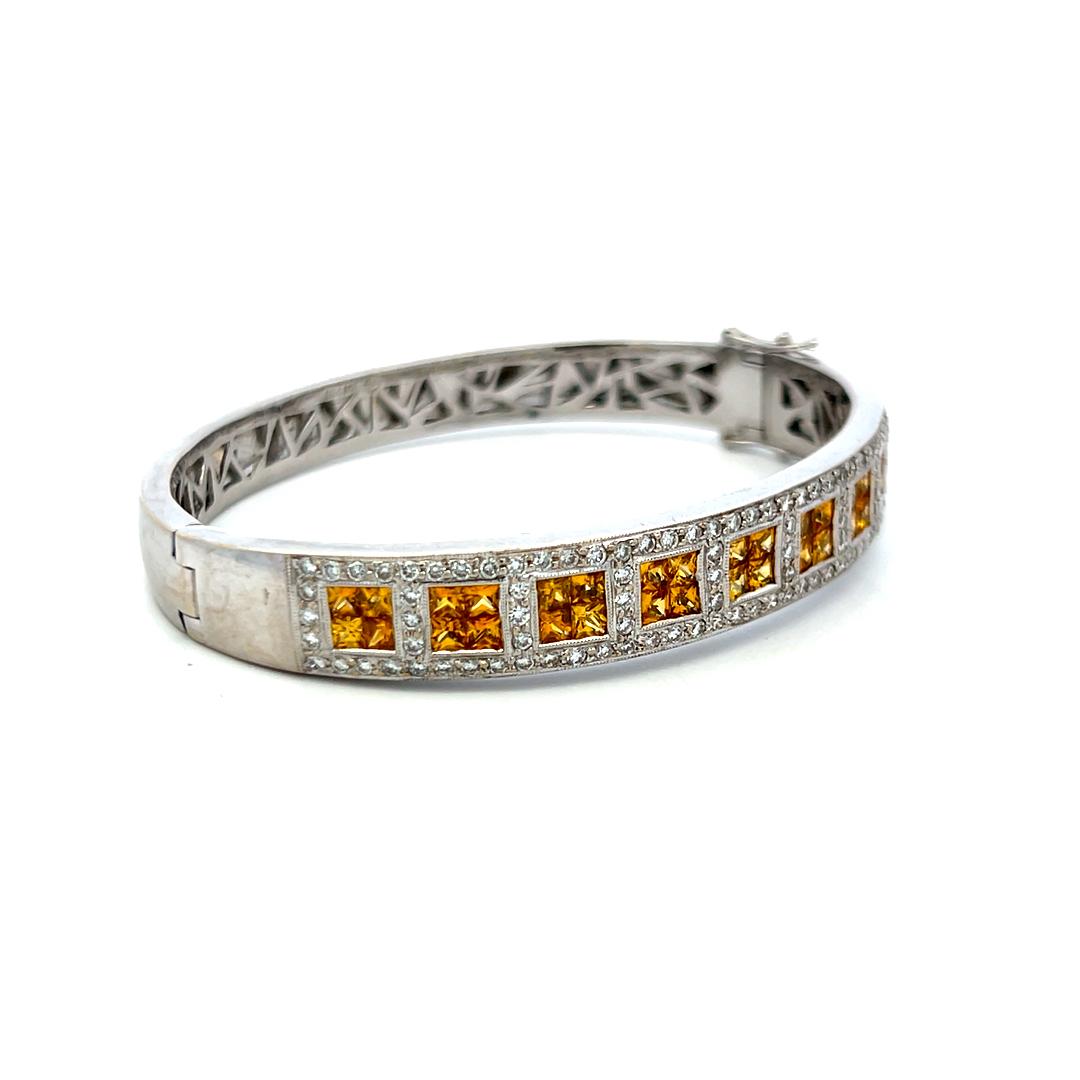 Citrine & Diamond 18K White Gold Bangle 3.60ct Princess Cut Vintage Estate