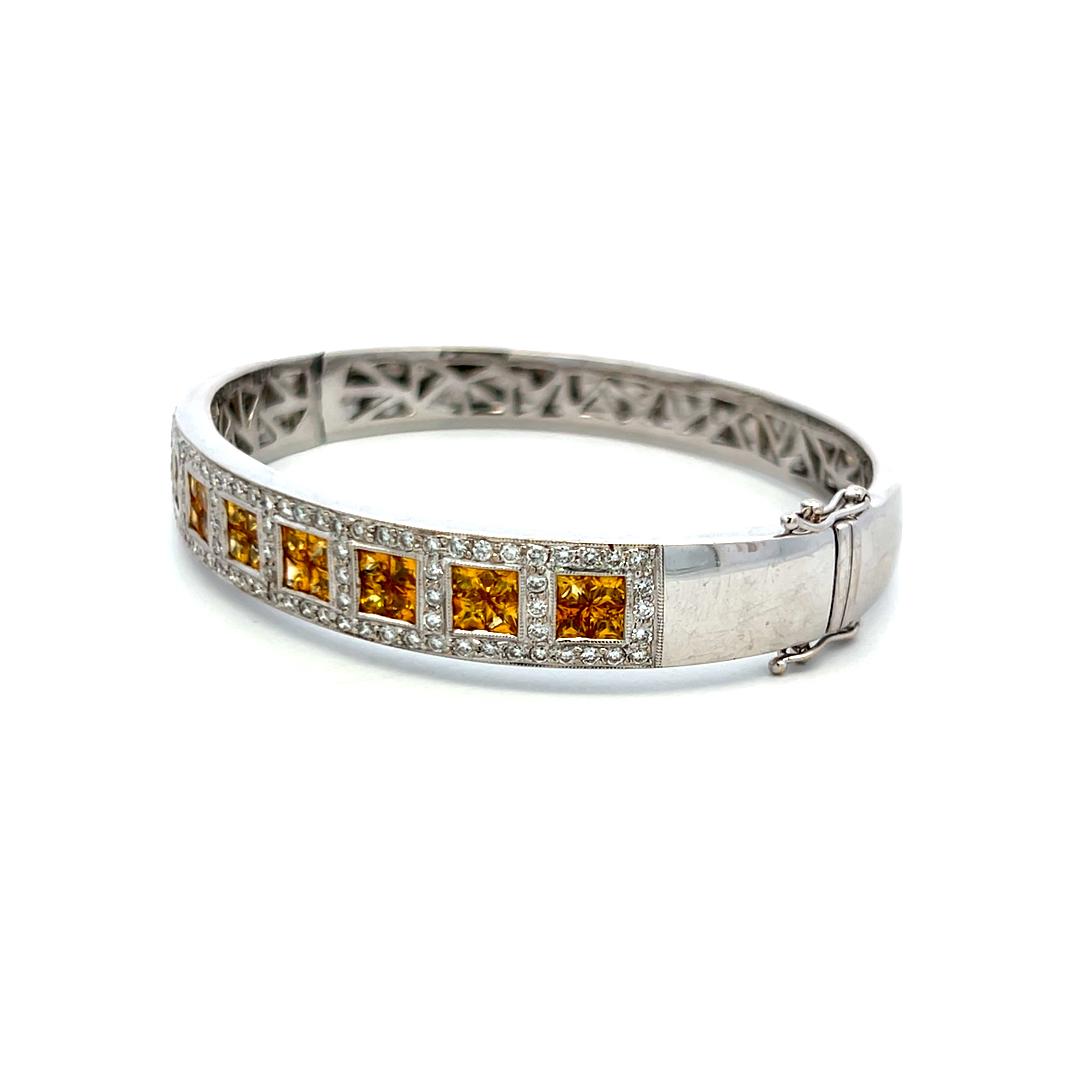 Citrine & Diamond 18K White Gold Bangle 3.60ct Princess Cut Vintage Estate