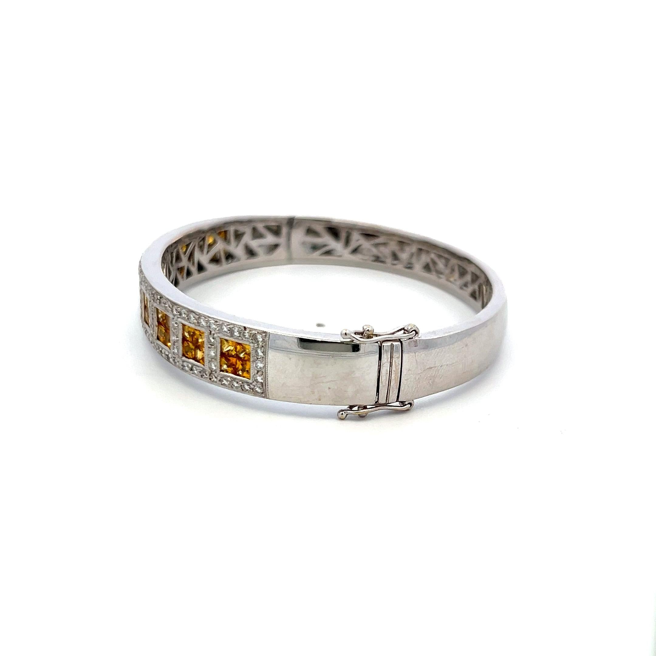 Citrine & Diamond 18K White Gold Bangle 3.60ct Princess Cut Vintage Estate