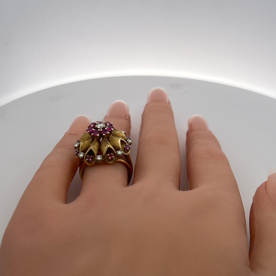 18K Yellow Gold Cocktail Ring with 1.44ct Round H SI Diamonds 0.65ct Ruby Size 6