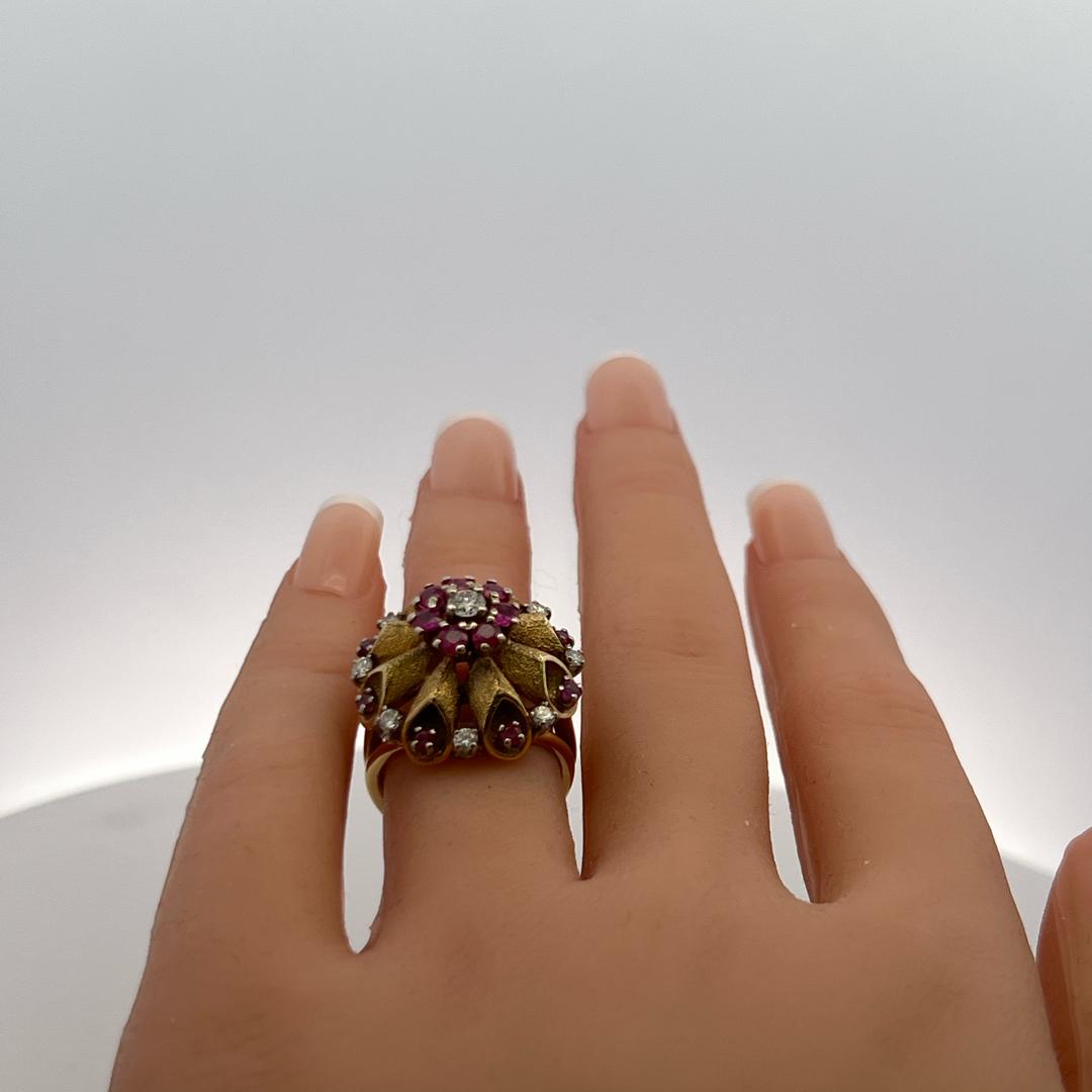 18K Yellow Gold Cocktail Ring with 1.44ct Round H SI Diamonds 0.65ct Ruby Size 6