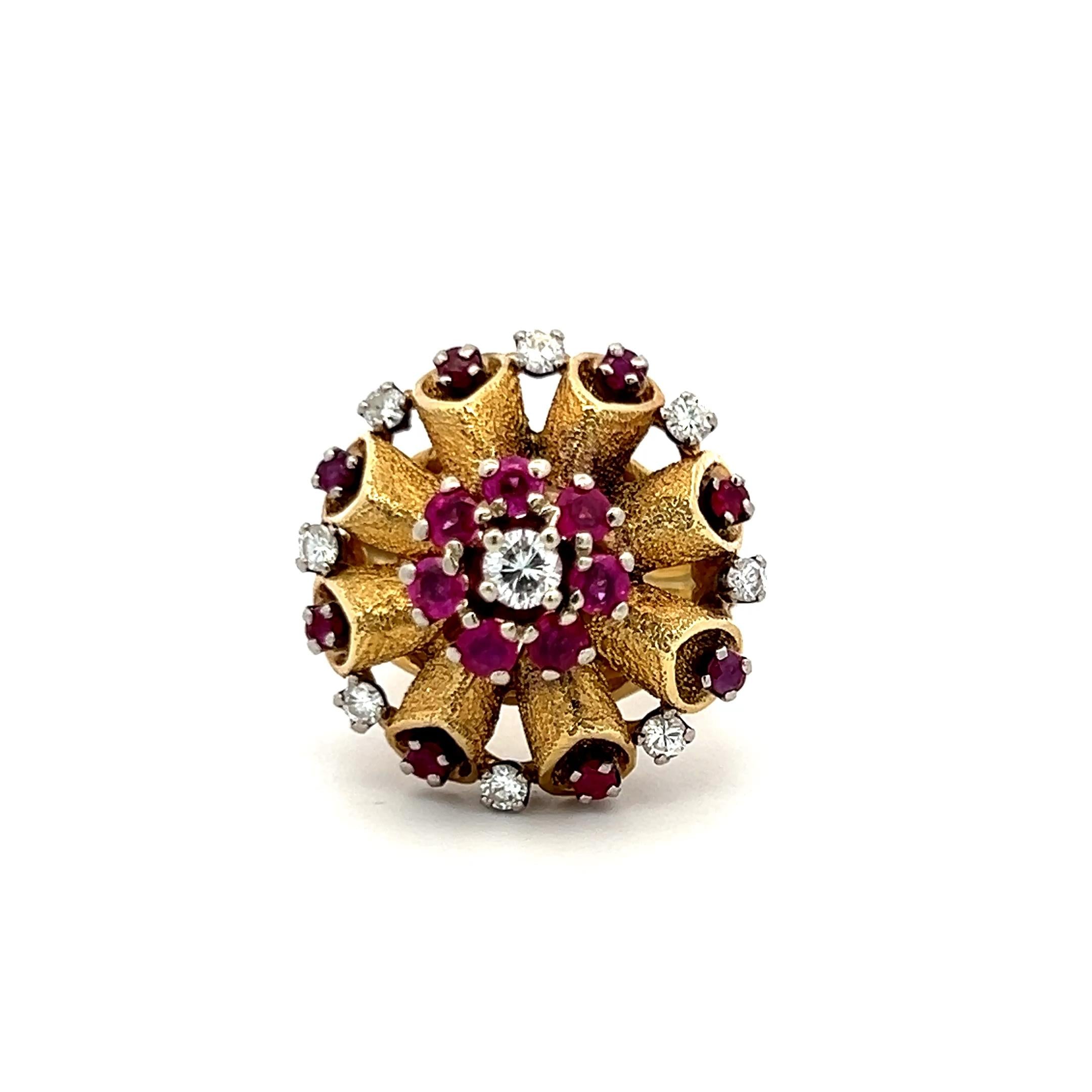 18K Yellow Gold Cocktail Ring with 1.44ct Round H SI Diamonds 0.65ct Ruby Size 6