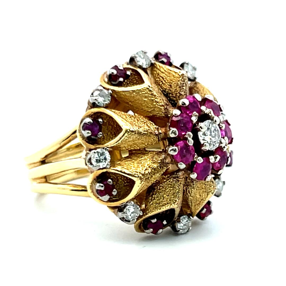 18K Yellow Gold Cocktail Ring with 1.44ct Round H SI Diamonds 0.65ct Ruby Size 6