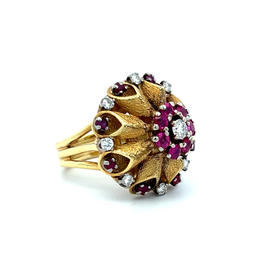 18K Yellow Gold Cocktail Ring with 1.44ct Round H SI Diamonds 0.65ct Ruby Size 6