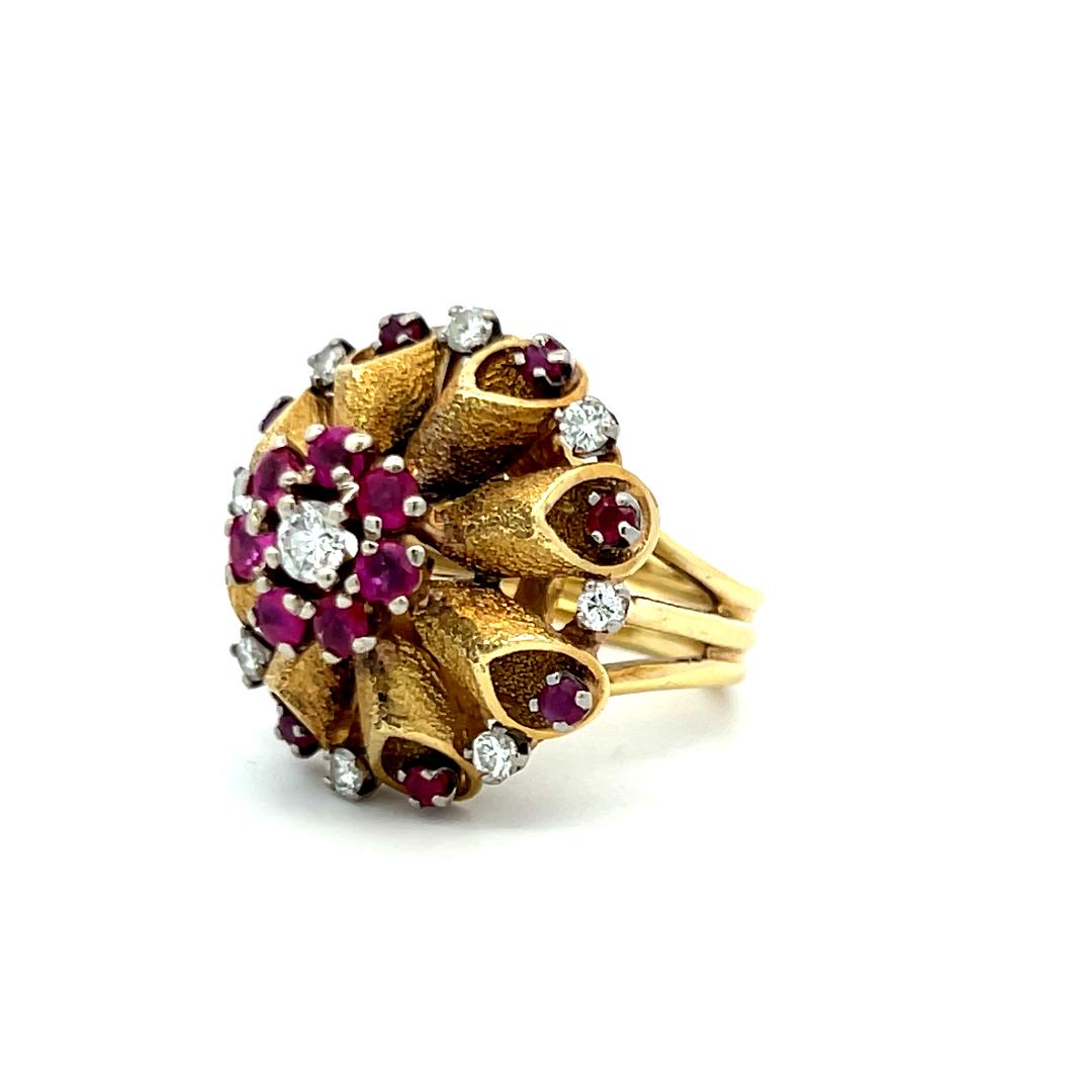 18K Yellow Gold Cocktail Ring with 1.44ct Round H SI Diamonds 0.65ct Ruby Size 6
