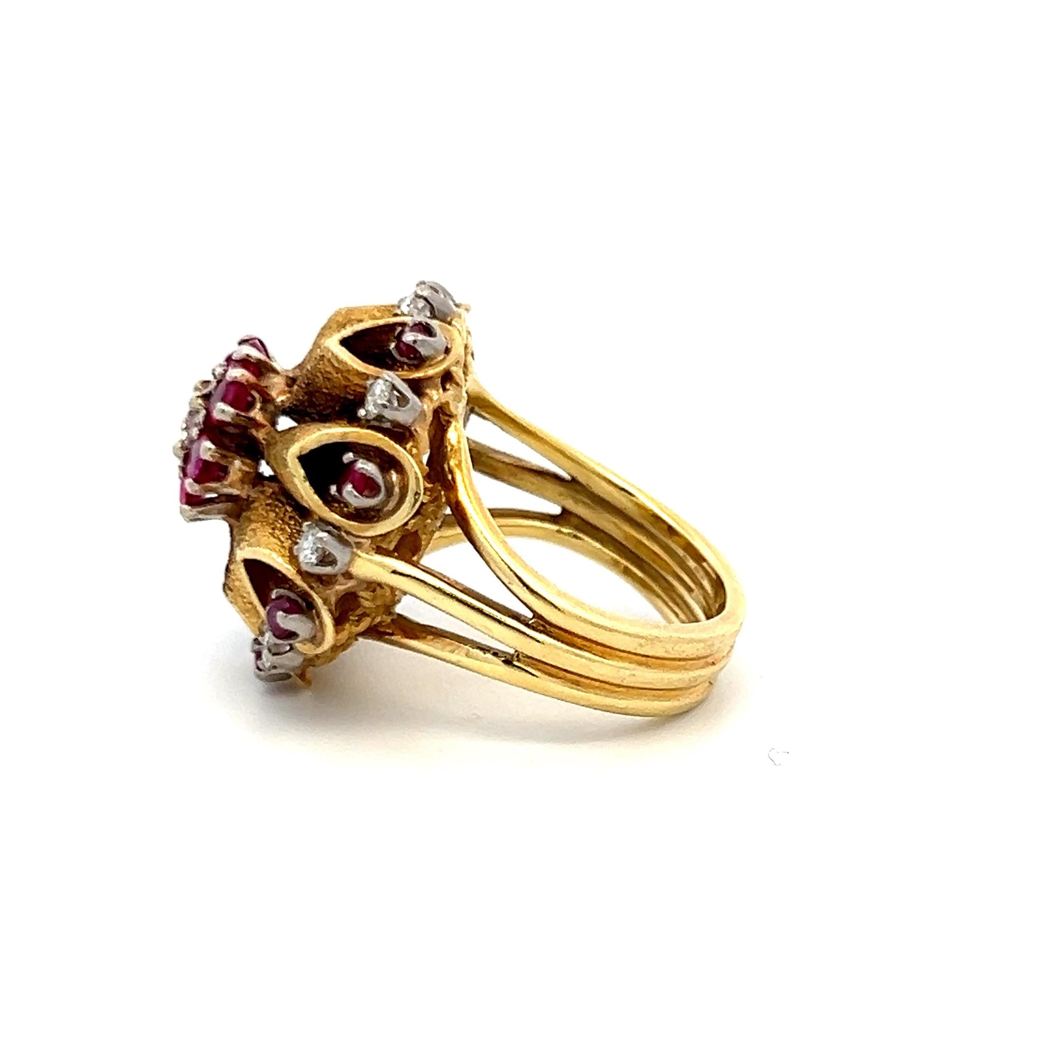 18K Yellow Gold Cocktail Ring with 1.44ct Round H SI Diamonds 0.65ct Ruby Size 6