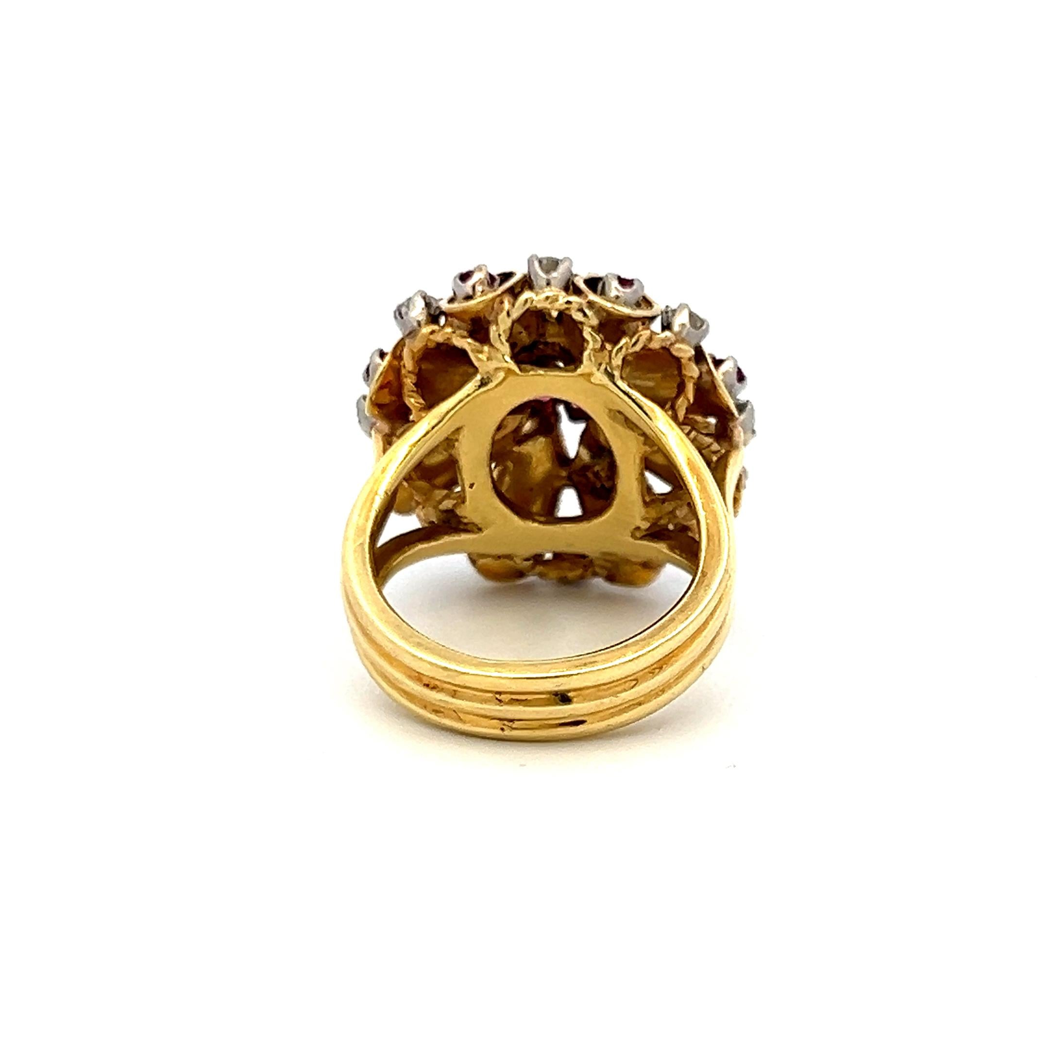 18K Yellow Gold Cocktail Ring with 1.44ct Round H SI Diamonds 0.65ct Ruby Size 6