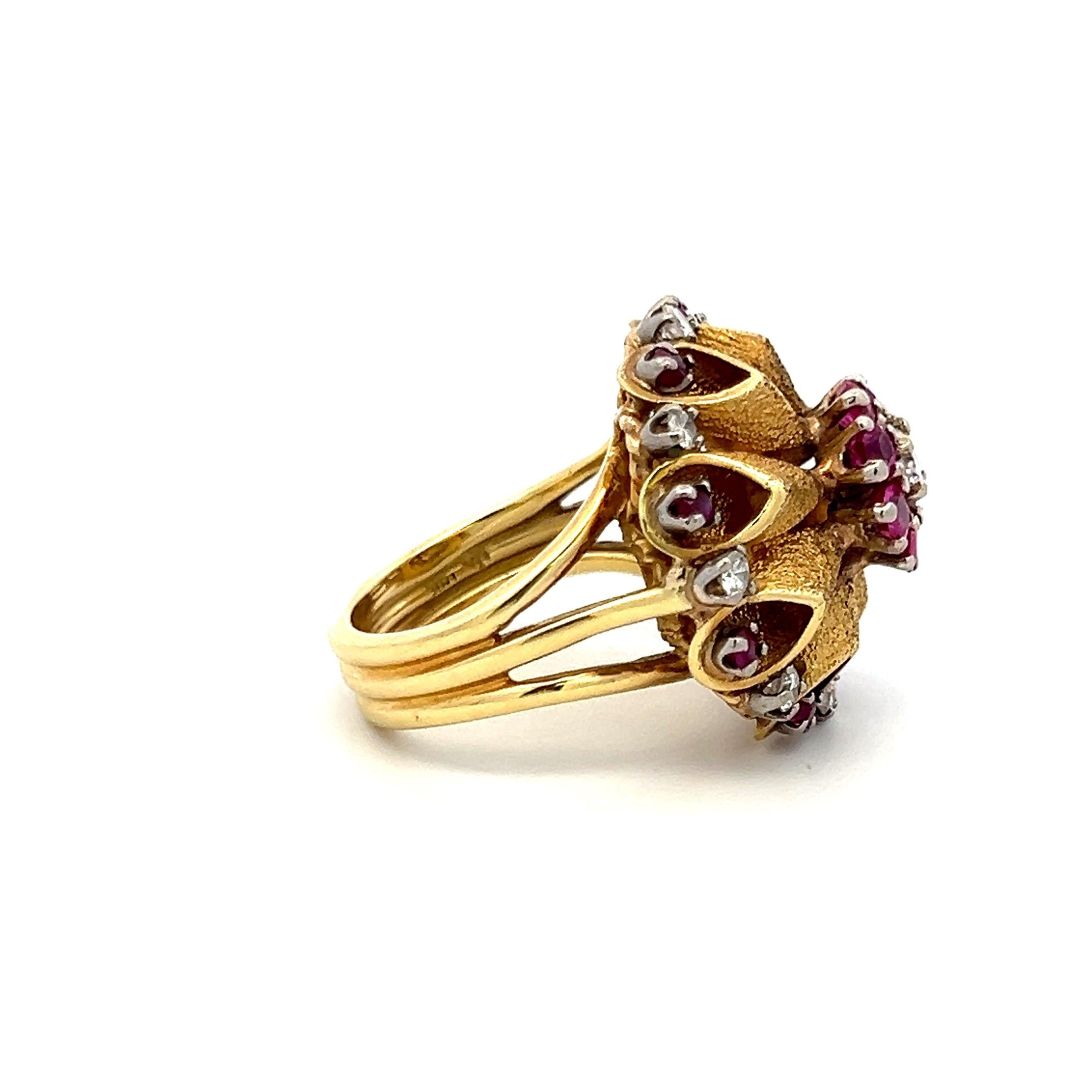 18K Yellow Gold Cocktail Ring with 1.44ct Round H SI Diamonds 0.65ct Ruby Size 6