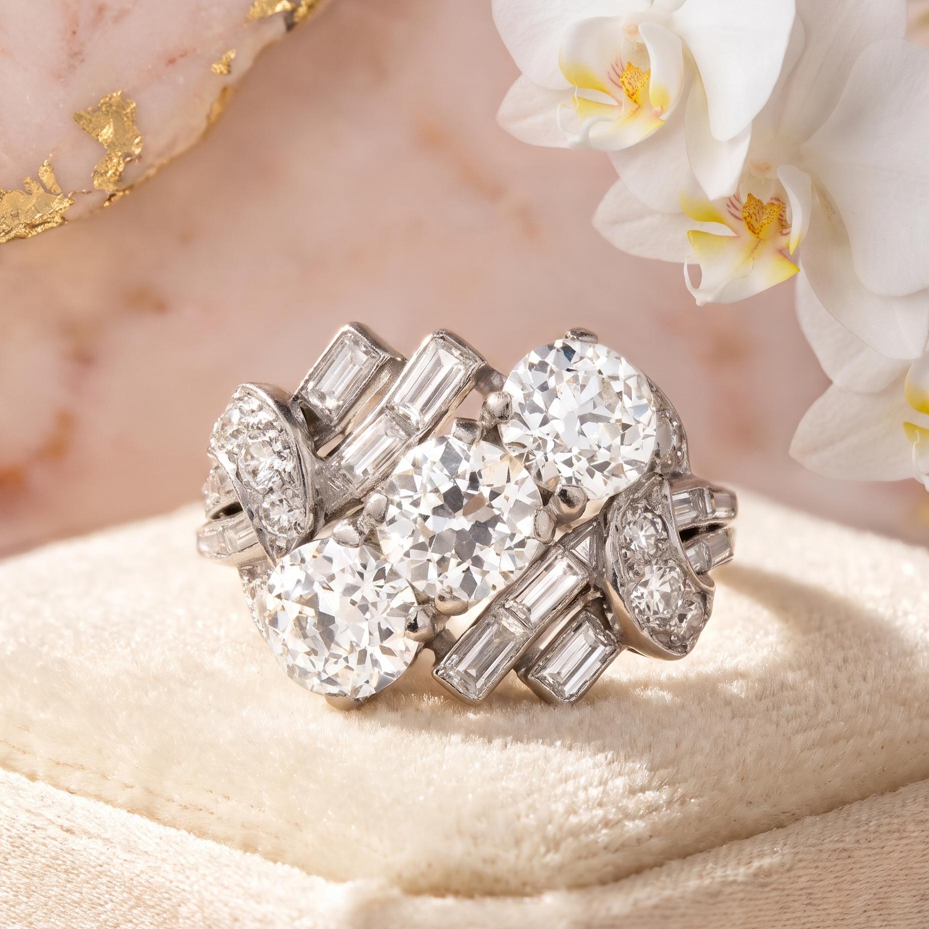 Platinum Three-Stone Ring with 4.84ct Old European & Mixed Shaped Diamonds GIA