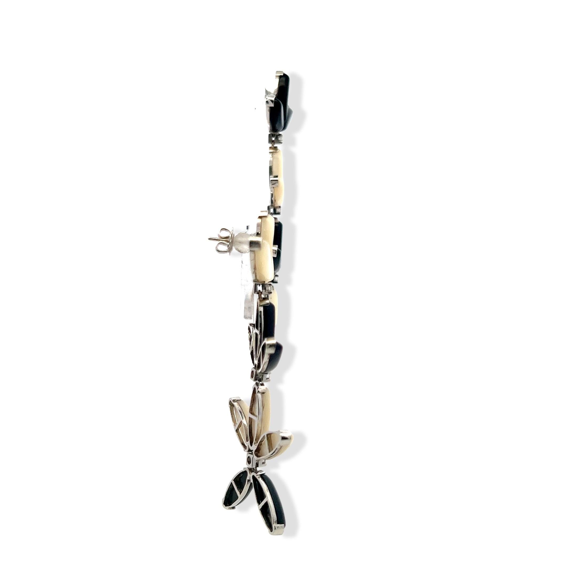 18K YG Dangling Earrings with 0.3 Carat Round Diamonds 5.54x14.64 MM Opal & Onyx