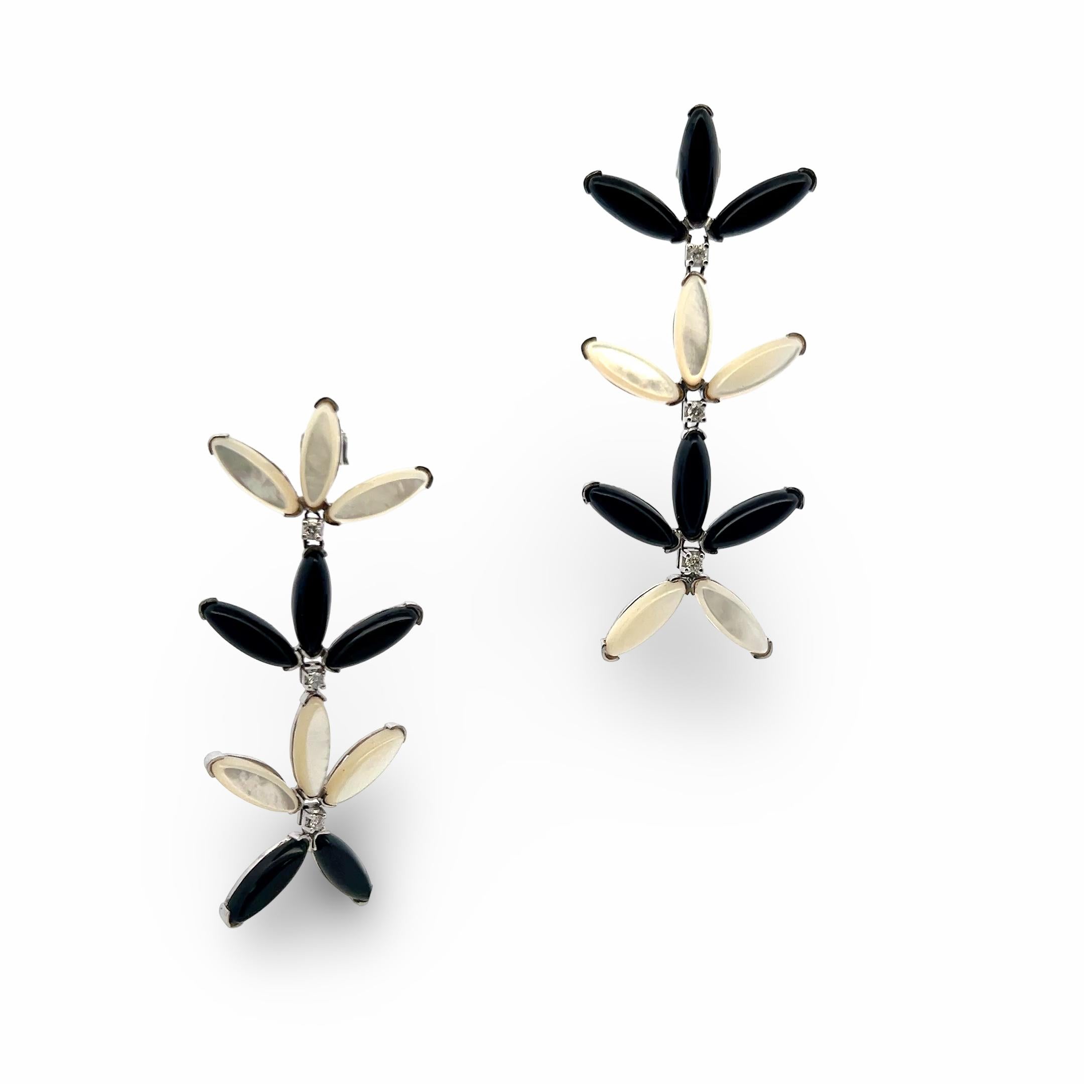 18K YG Dangling Earrings with 0.3 Carat Round Diamonds 5.54x14.64 MM Opal & Onyx