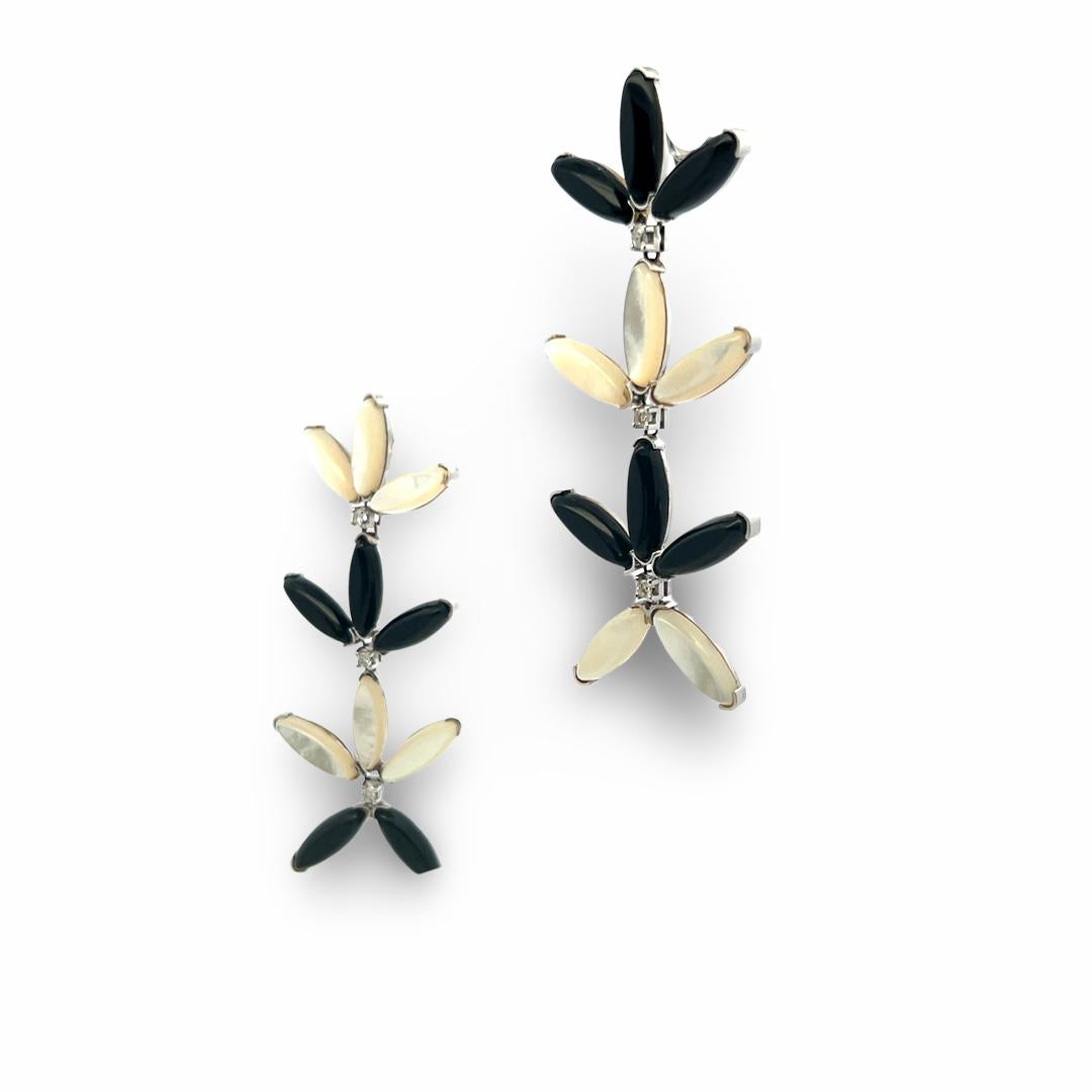 18K YG Dangling Earrings with 0.3 Carat Round Diamonds 5.54x14.64 MM Opal & Onyx