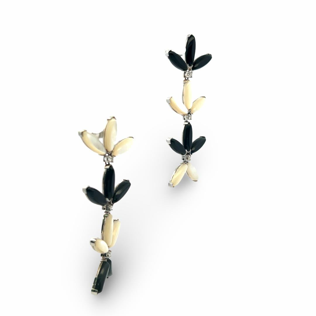 18K YG Dangling Earrings with 0.3 Carat Round Diamonds 5.54x14.64 MM Opal & Onyx