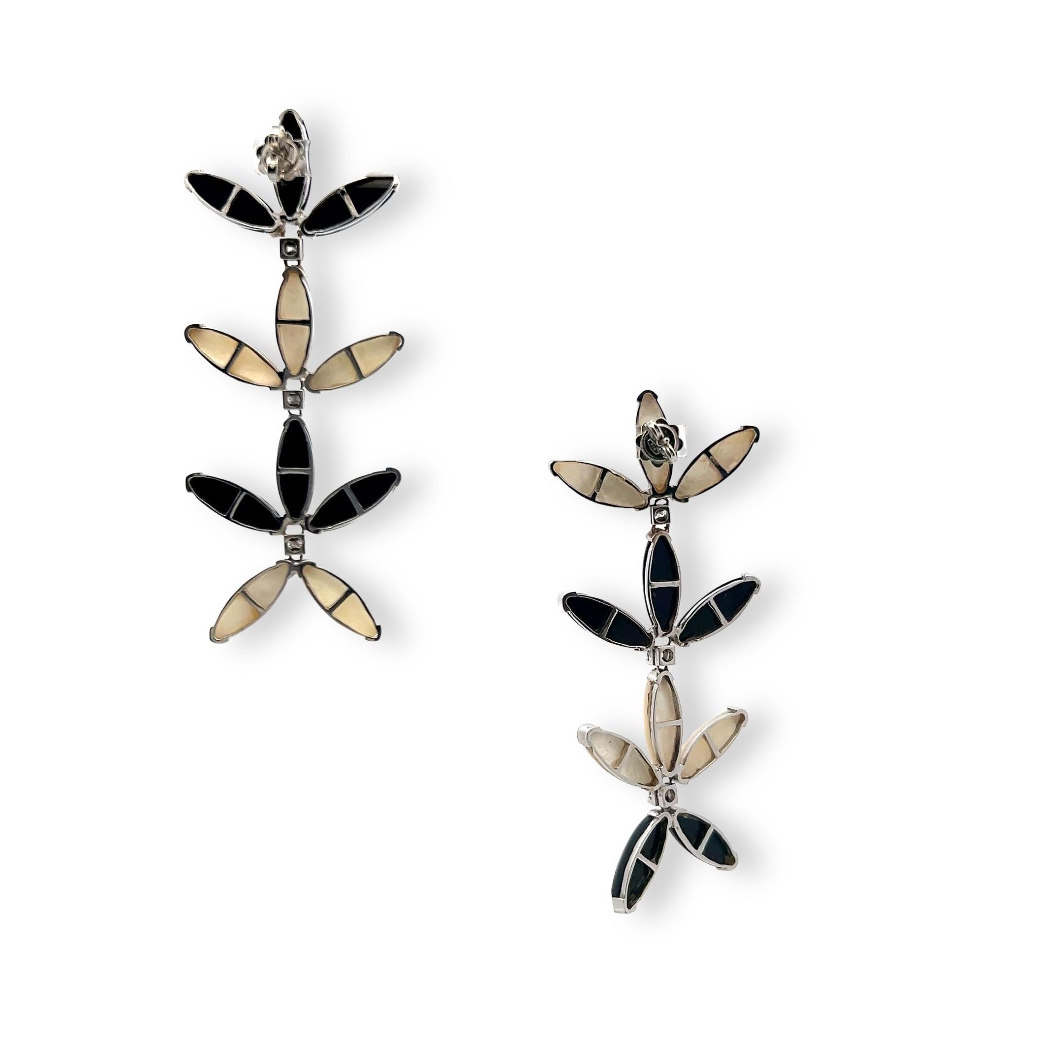 18K YG Dangling Earrings with 0.3 Carat Round Diamonds 5.54x14.64 MM Opal & Onyx