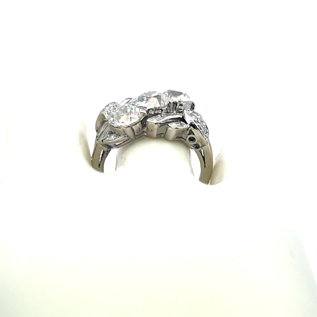 4.84ct Antique Diamond Platinum Three-Stone Ring w/ OEC, OMC & Baguettes