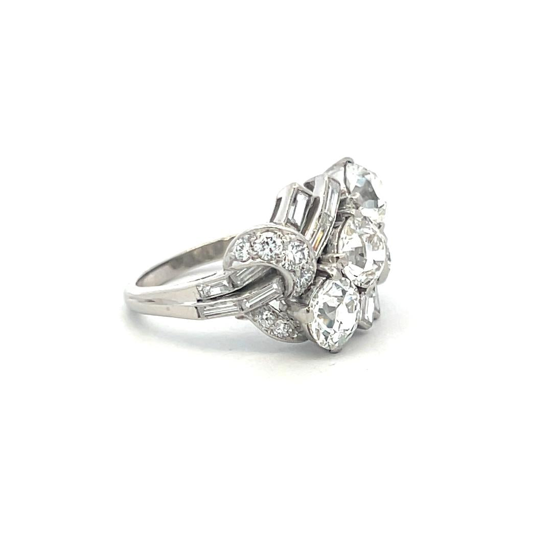 4.84ct Antique Diamond Platinum Three-Stone Ring w/ OEC, OMC & Baguettes