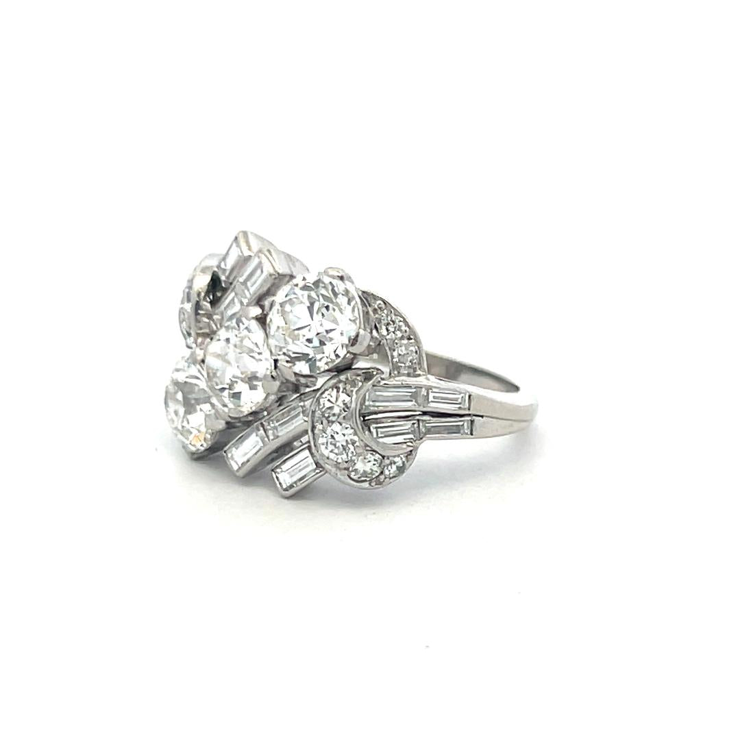 4.84ct Antique Diamond Platinum Three-Stone Ring w/ OEC, OMC & Baguettes