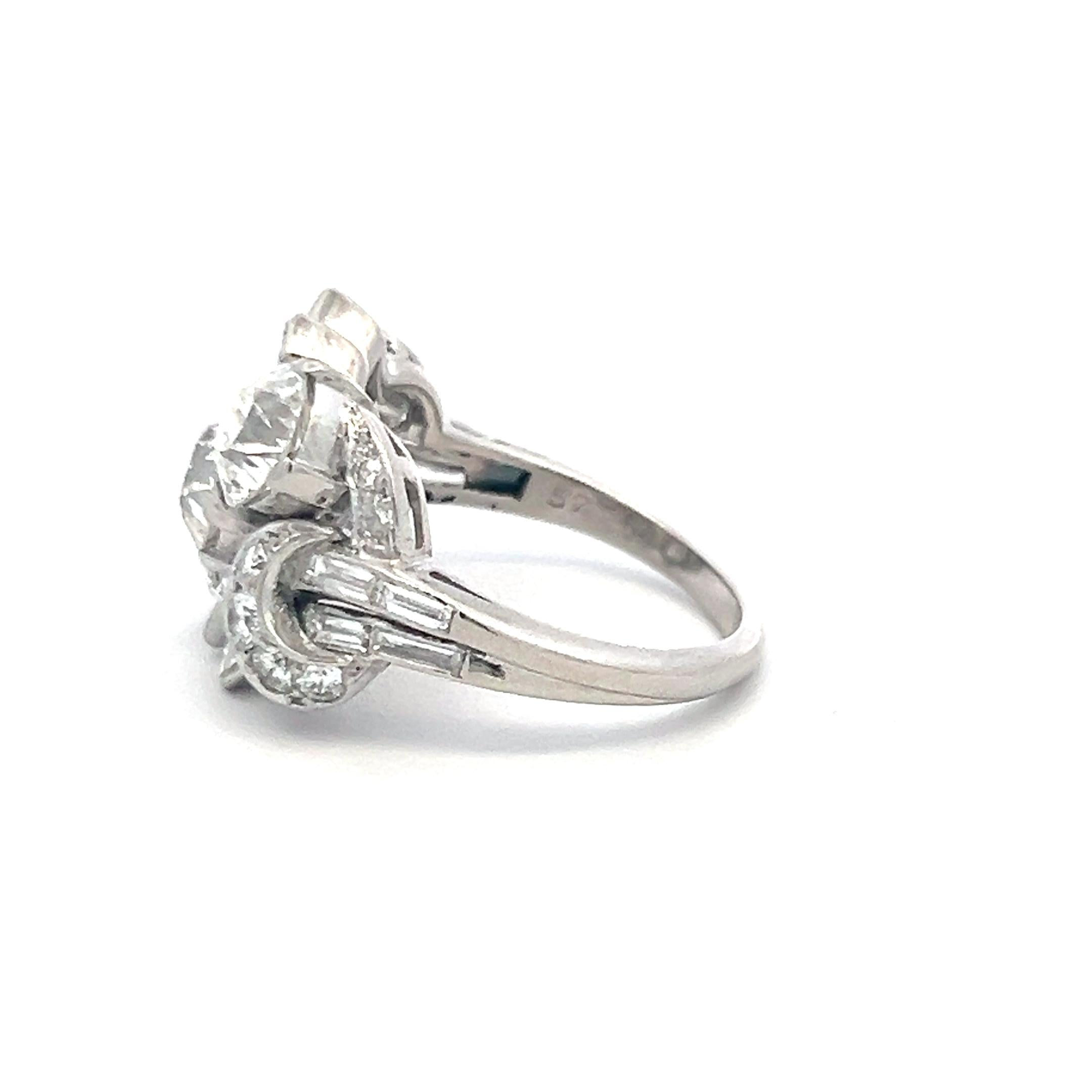 4.84ct Antique Diamond Platinum Three-Stone Ring w/ OEC, OMC & Baguettes