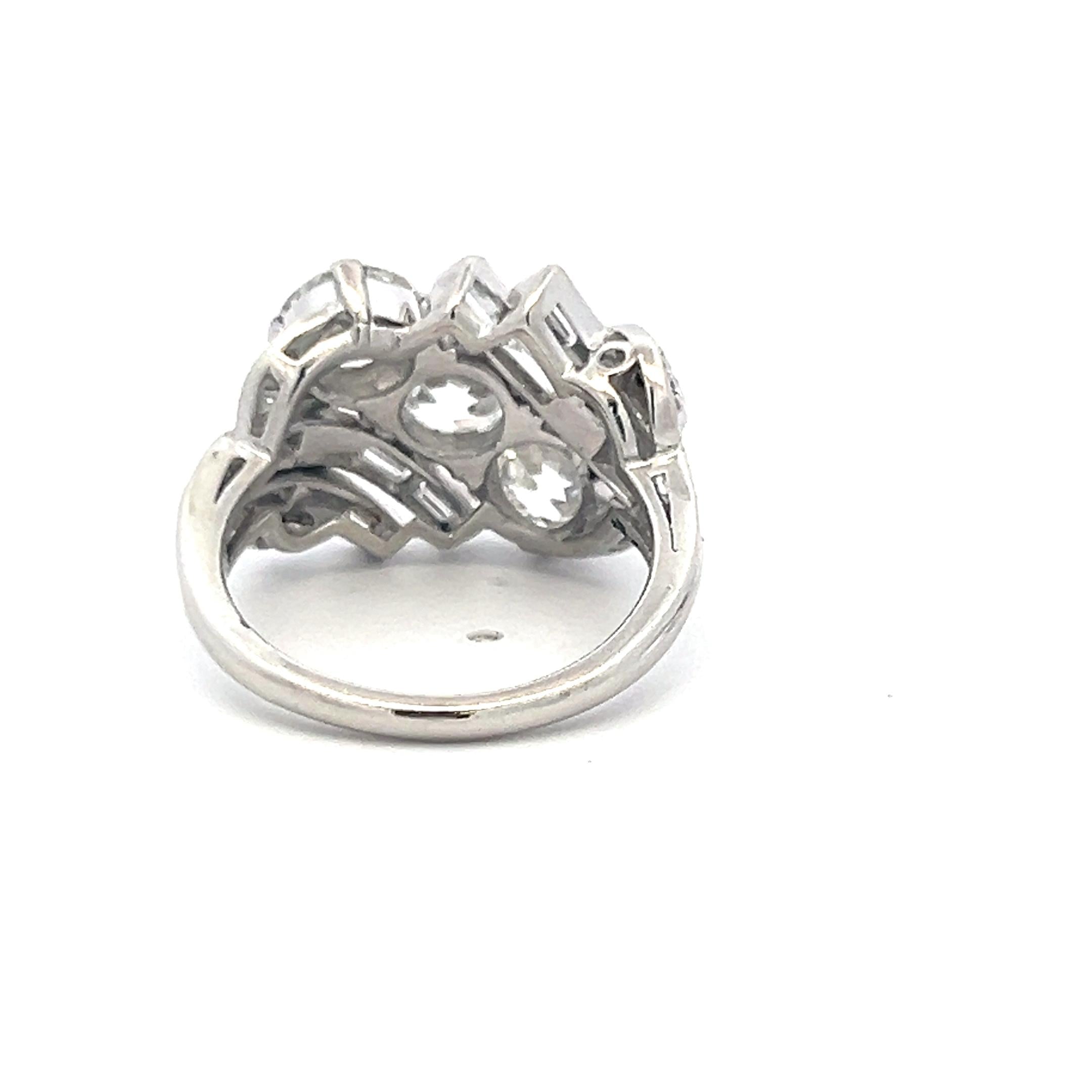 4.84ct Antique Diamond Platinum Three-Stone Ring w/ OEC, OMC & Baguettes
