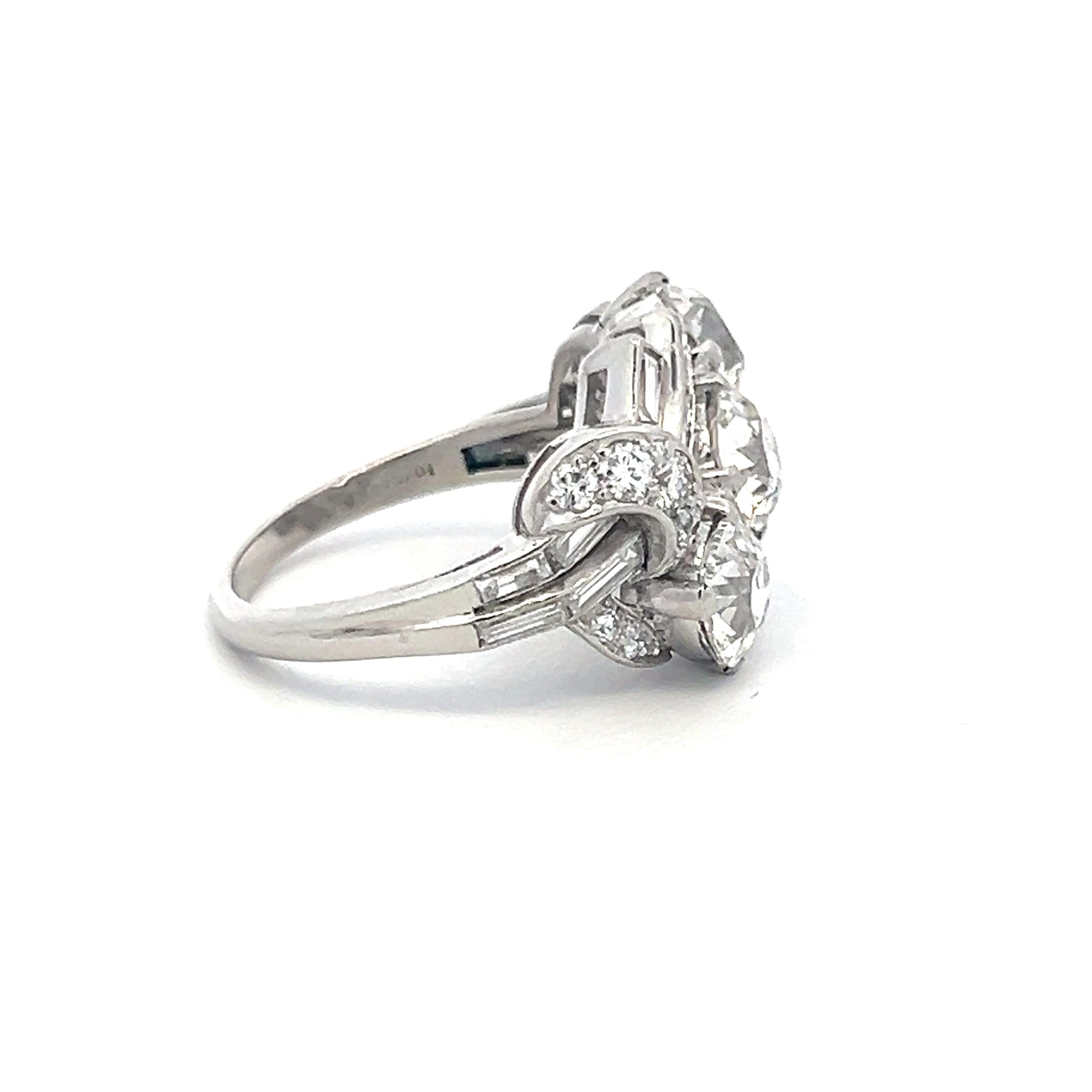 4.84ct Antique Diamond Platinum Three-Stone Ring w/ OEC, OMC & Baguettes