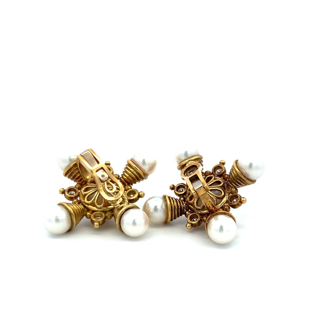 Elizabeth Gage 18K YG Clip-On Earrings 0.8 Carat Diamonds 7.3-10.2 mm Pearl