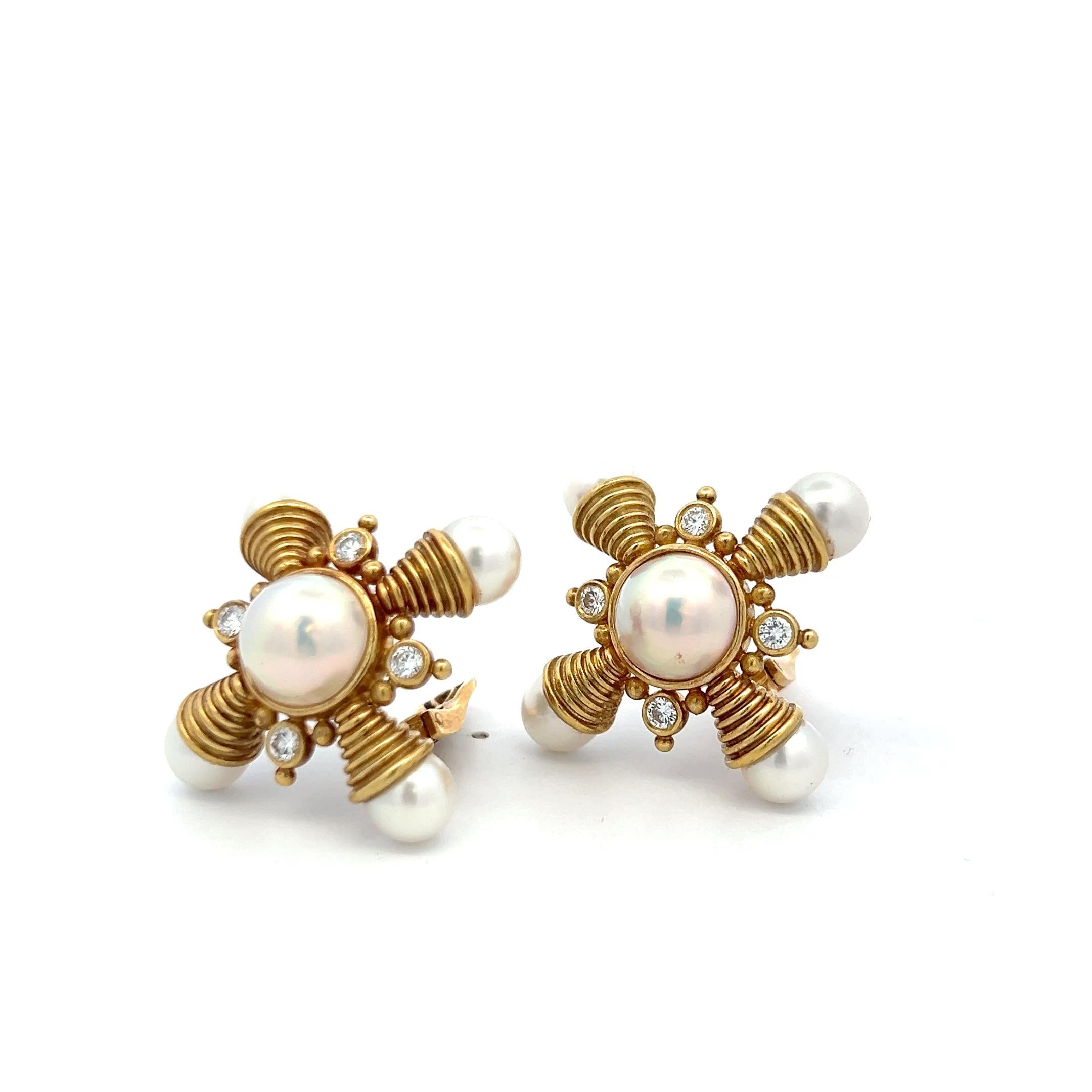 Elizabeth Gage 18K YG Clip-On Earrings 0.8 Carat Diamonds 7.3-10.2 mm Pearl