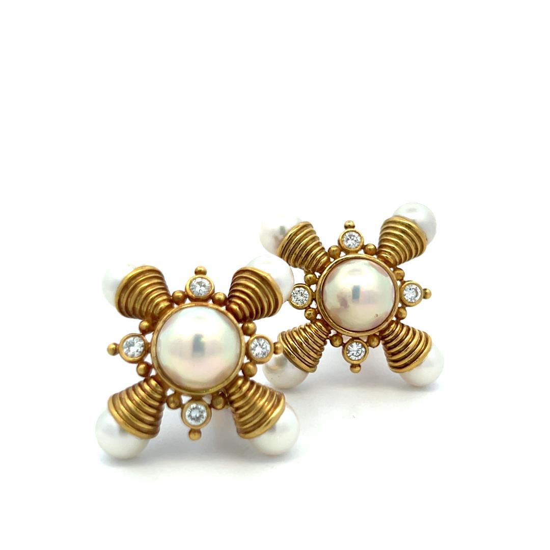 Elizabeth Gage 18K YG Clip-On Earrings 0.8 Carat Diamonds 7.3-10.2 mm Pearl