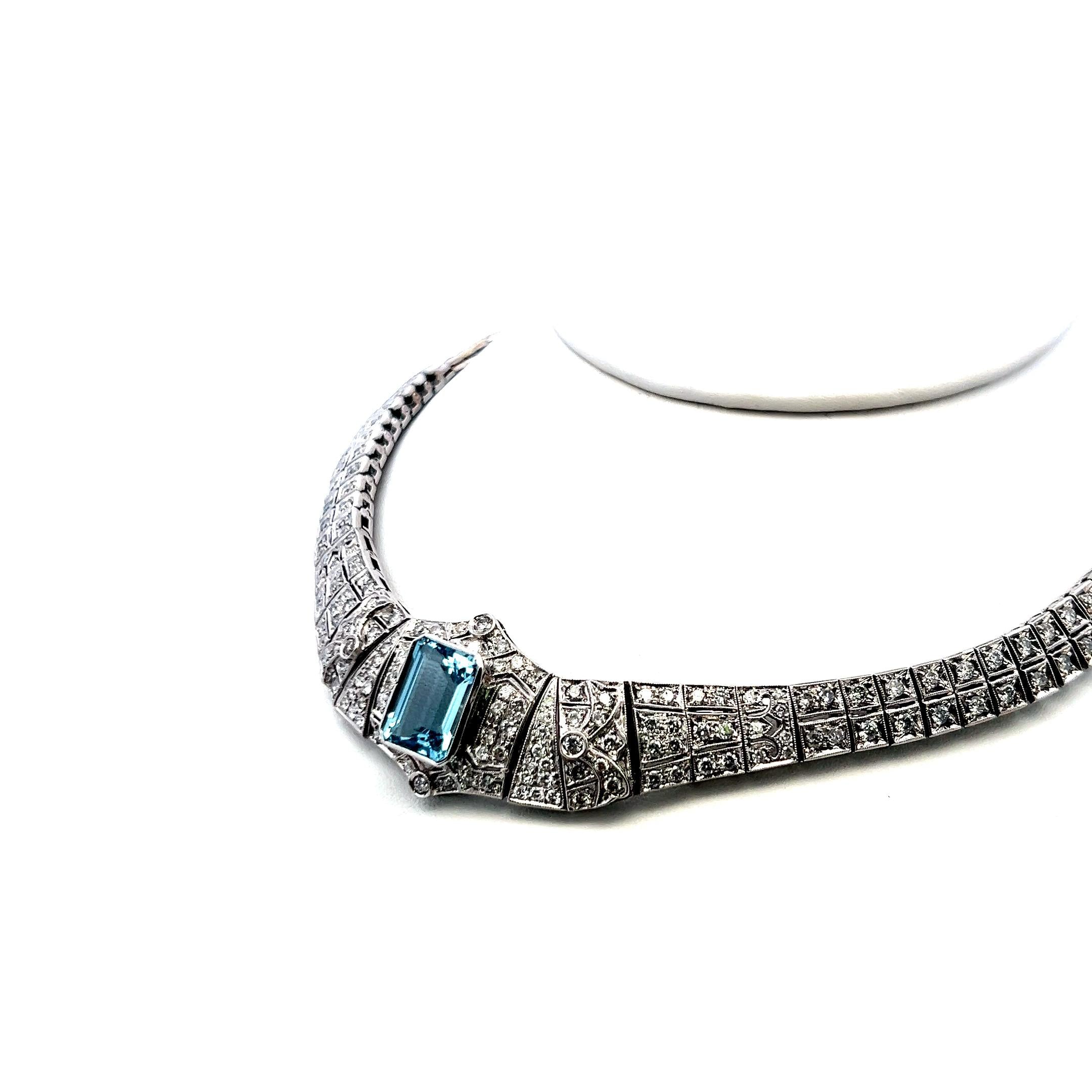 Emerald-Cut Aquamarine Collar Necklace & 6.00ct G SI Diamonds 18K White Gold