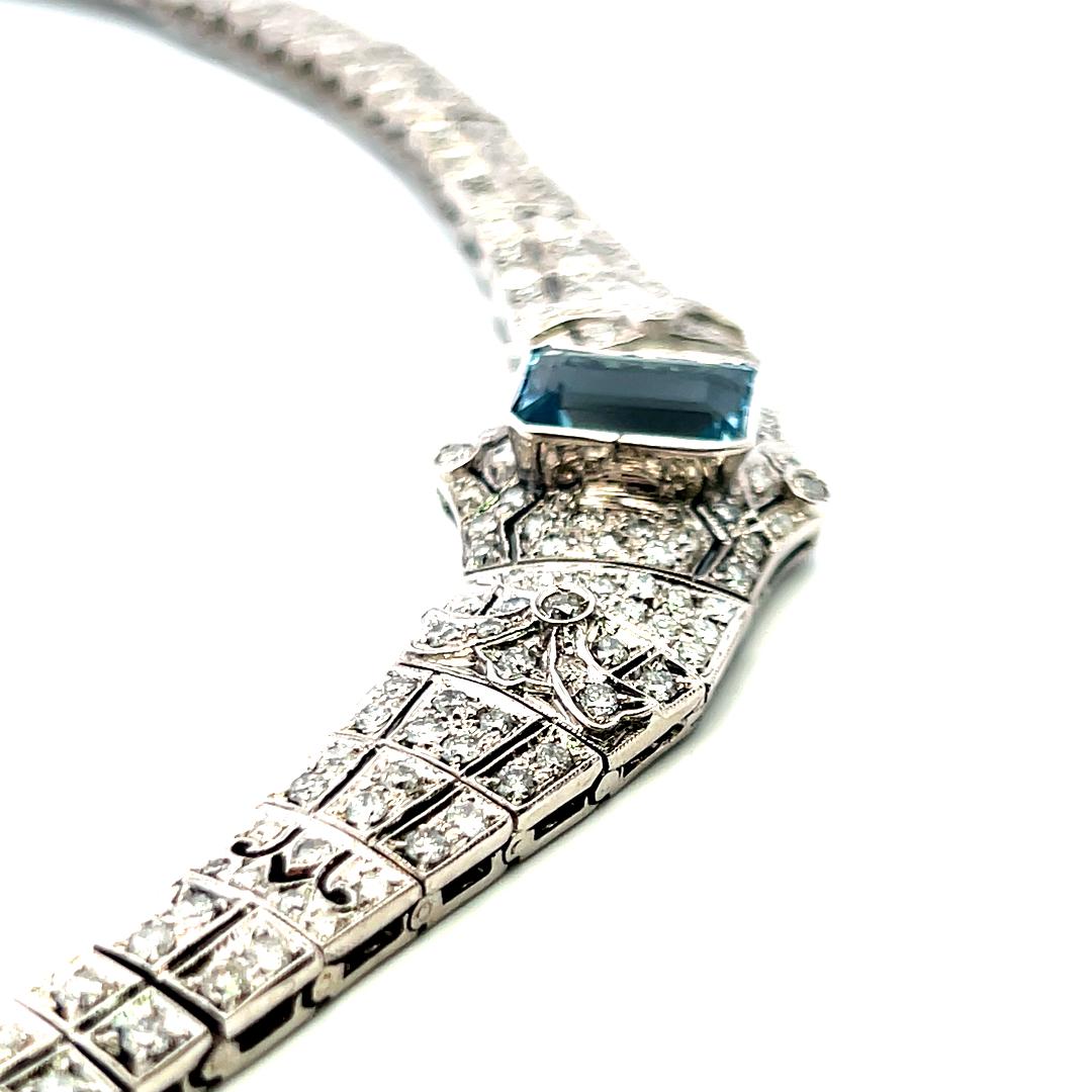 Emerald-Cut Aquamarine Collar Necklace & 6.00ct G SI Diamonds 18K White Gold