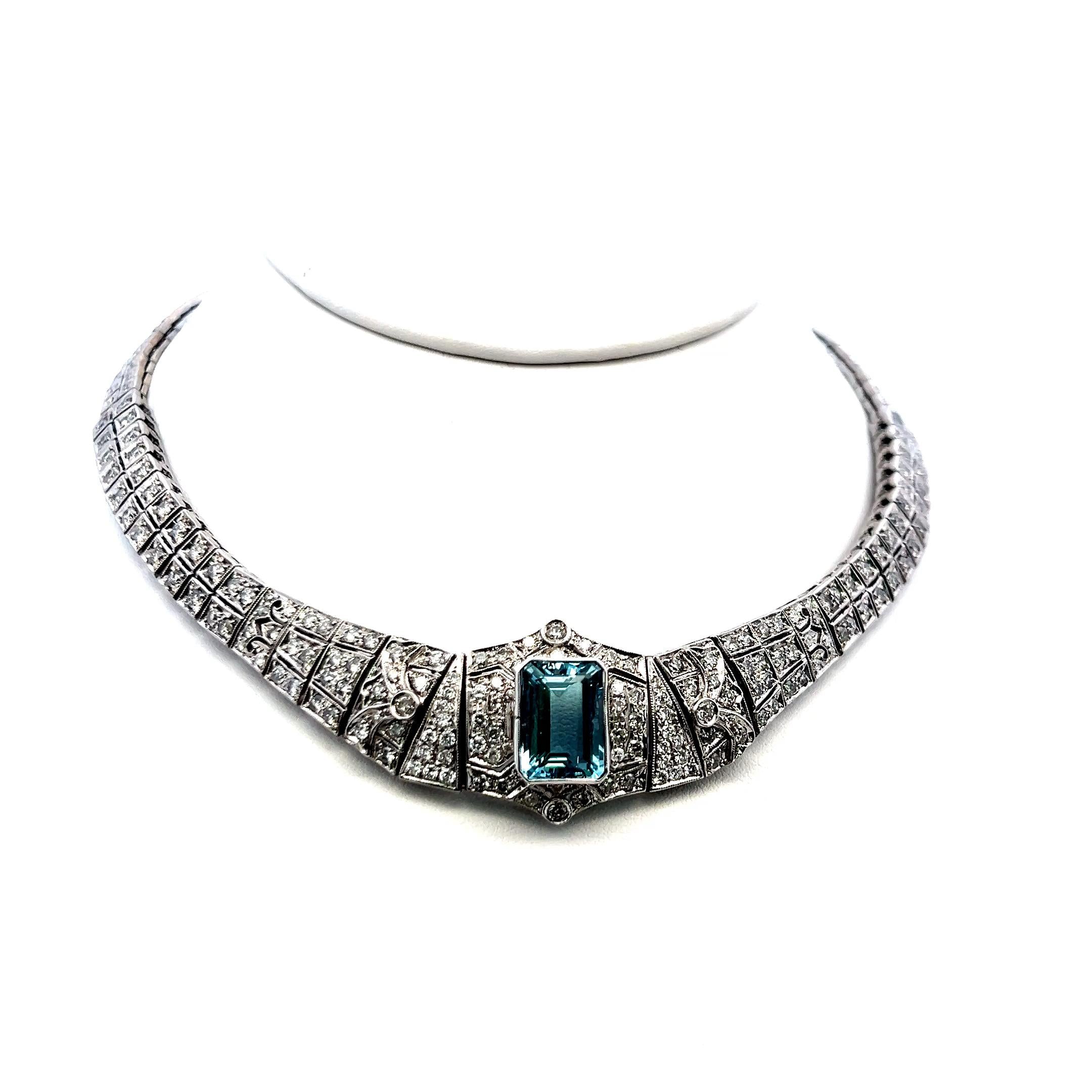 Emerald-Cut Aquamarine Collar Necklace & 6.00ct G SI Diamonds 18K White Gold