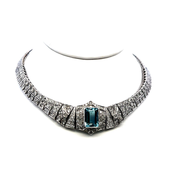 Emerald-Cut Aquamarine Collar Necklace & 6.00ct G SI Diamonds 18K White Gold