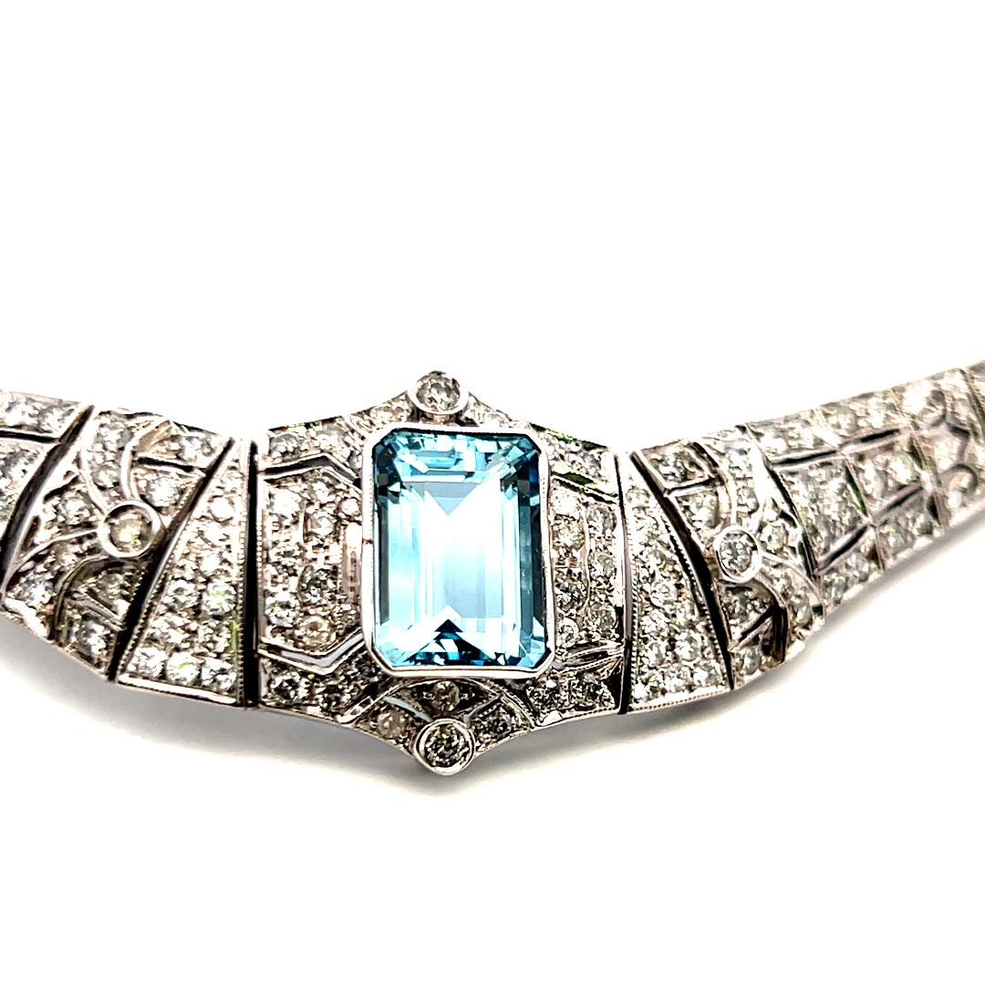 Emerald-Cut Aquamarine Collar Necklace & 6.00ct G SI Diamonds 18K White Gold