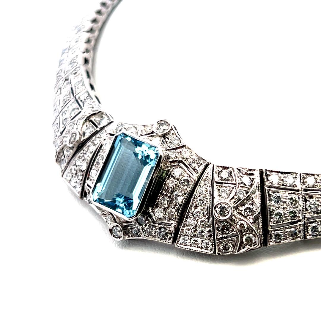 Emerald-Cut Aquamarine Collar Necklace & 6.00ct G SI Diamonds 18K White Gold